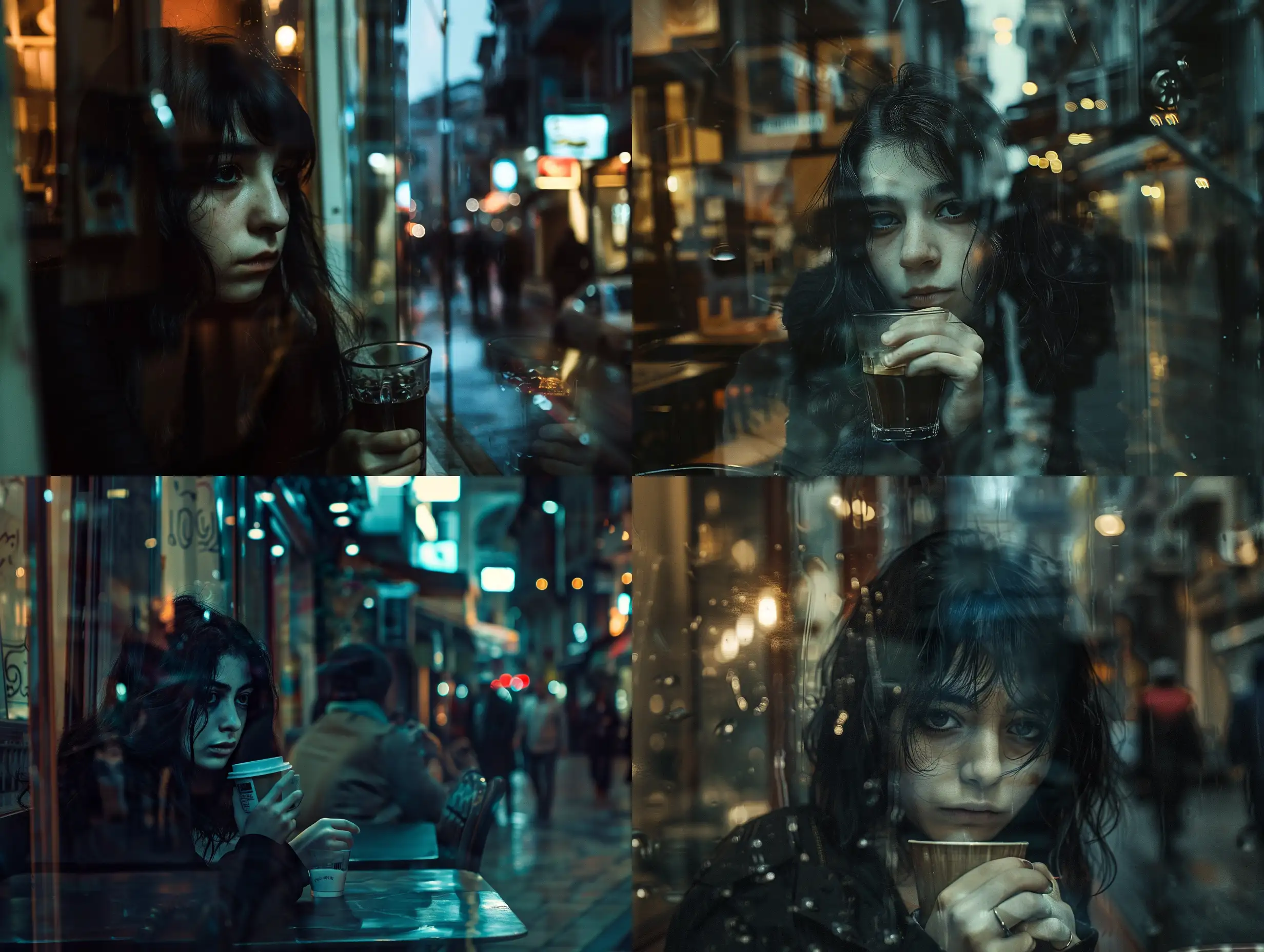 A girl with black hair and beautiful eyes is in a café, drinking her coffee and looking at passers-by from behind the glass with sad looks on a dark night in one of the alleys of Istanbul., cinematic view, realistic, keyshot, panoramic perspective, without camera mirror, dramatic lighting, nostalgia for the past,