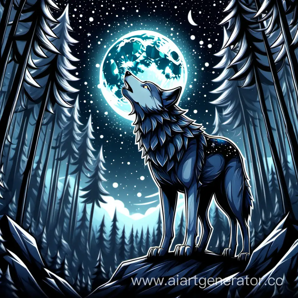 Нарисуй NFT картинку с волком и темным лесом на заднем плане   звездное небо