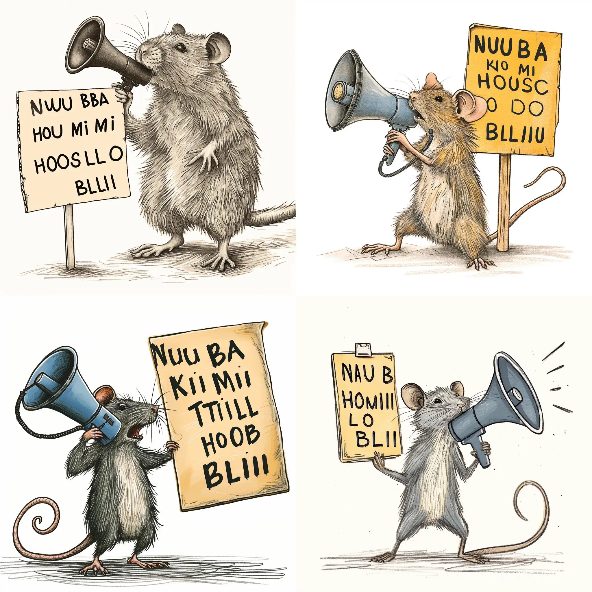 Rat holding megaphone and placard protesting sketch holding a card board on his hand write "NAU BA MI KM STILL LO HOUSE BLIU"