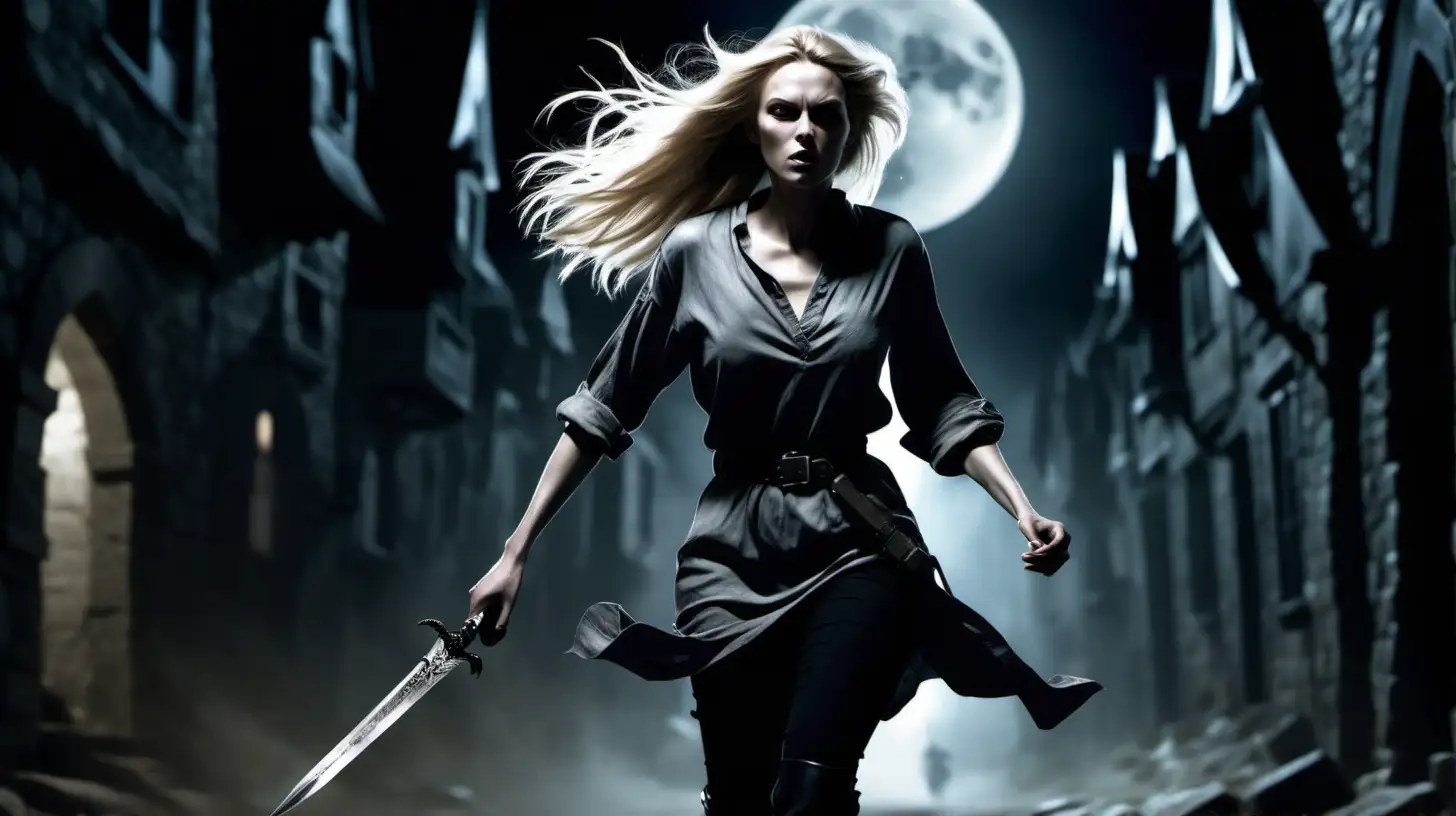 on the side of the image a woman with flowing blonde hair in a short grey tunic and black pants holds a dagger as she runs through a dark village in the moonlight and is surrounded by shadows. she is wearing black slacks. she has a weapons belt strapped to her waist and knee high black boots.  