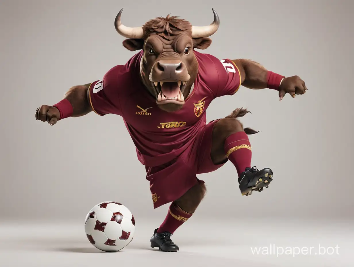 Soccer fierce bull in burgundy football uniform Torino runs and kicks the ball white background photo 16k