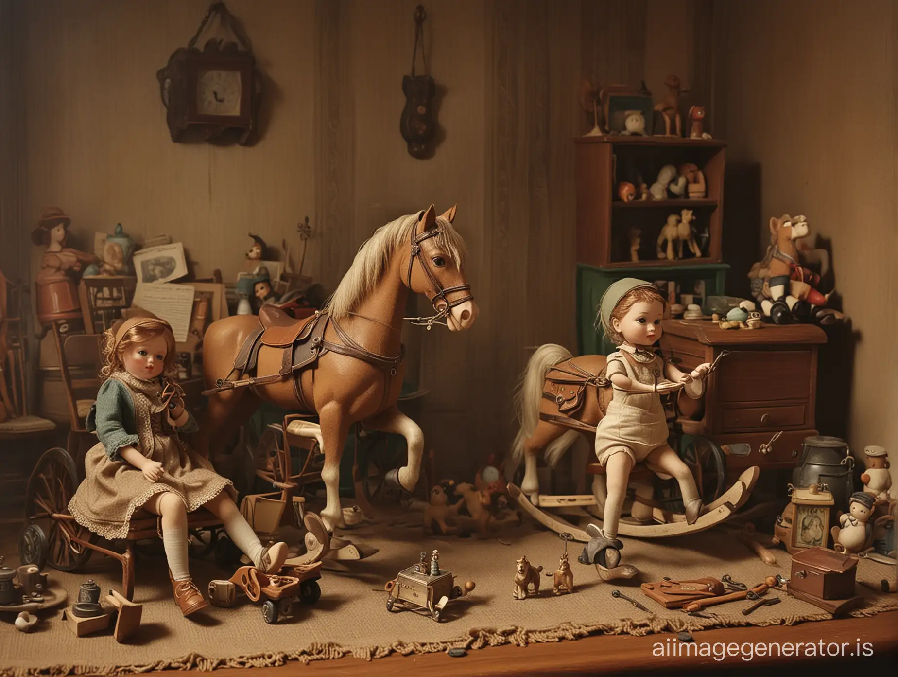Old dusty toys, including dolls, music boxes, marionettes, and rocking horses. Style: Detailed Photorealistic, Nostalgic and melancholic atmosphere, Warm and subdued, dim light. Predominant colors are soft and dusty, such as brown, beige, and sage green. Warm and cozy atmosphere. Shadows are soft and diffuse.