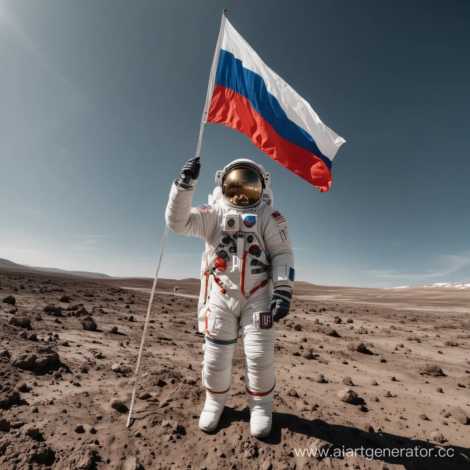 покажи в открытом космосе российского космонавта в скафандре с нашивкой российского флага, который машет нам руками