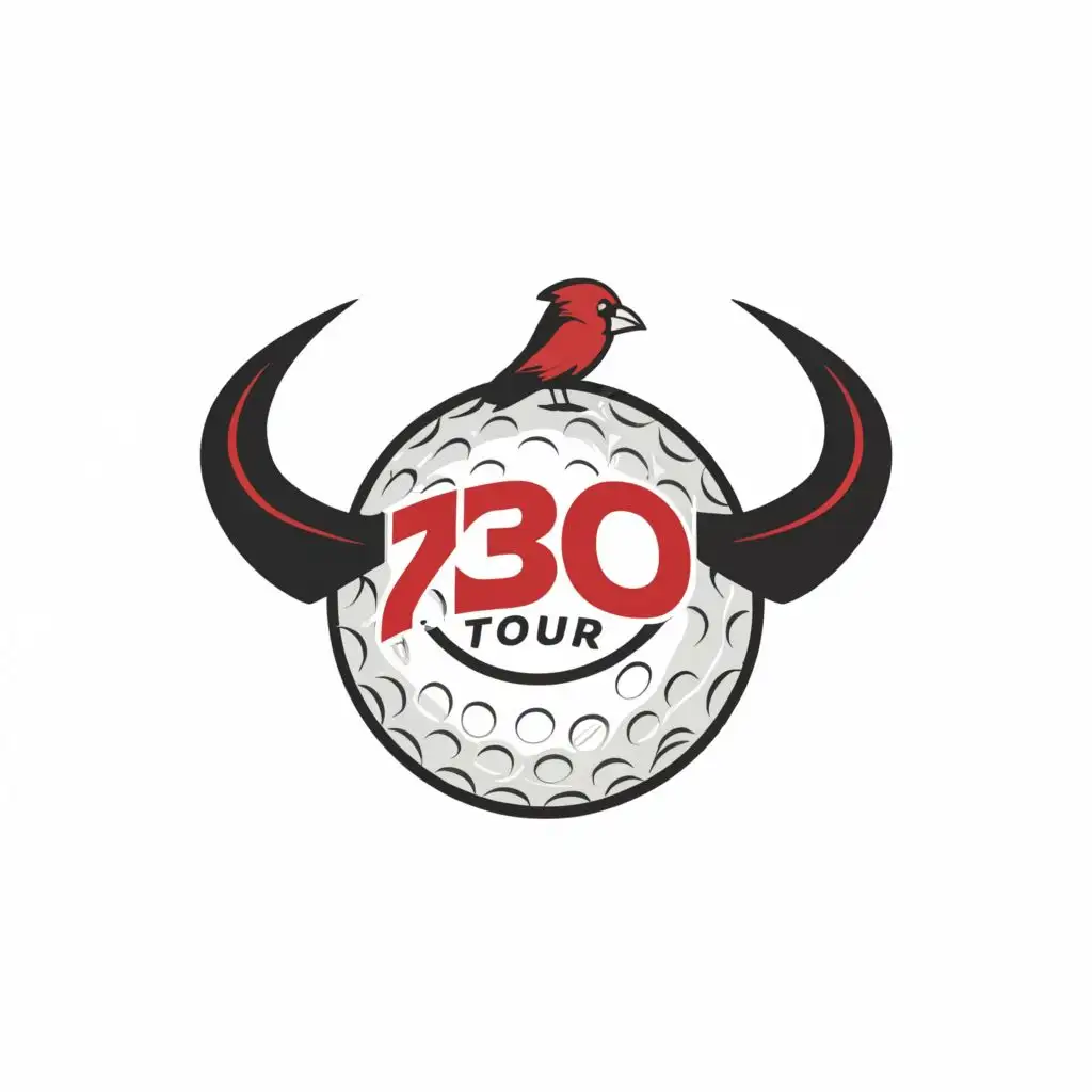 logo, Golf ball with the words "730 Tour" inside the golf ball. Tour written in script. straight Long Horns should be coming out of the golf ball. A small Catholic University of America Red Cardinal sitting on top of the golf ball, typography