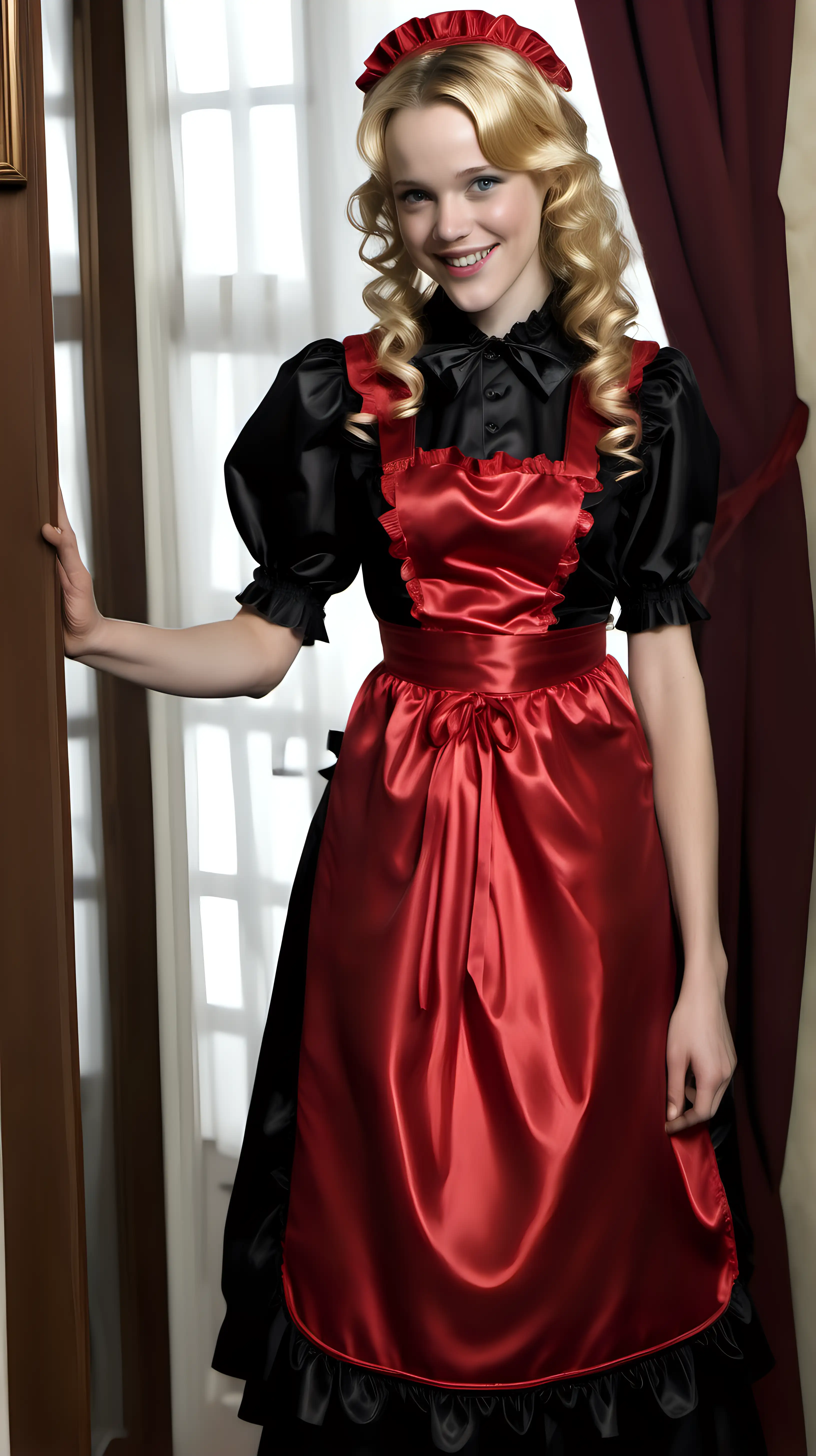 girls in long crystal silk satin red black lila retro victorian maid gown with apron and peter pan colar and long and short sleeves costume and milf mothers long blonde and red hair,black hair rachel macadams  smile in house