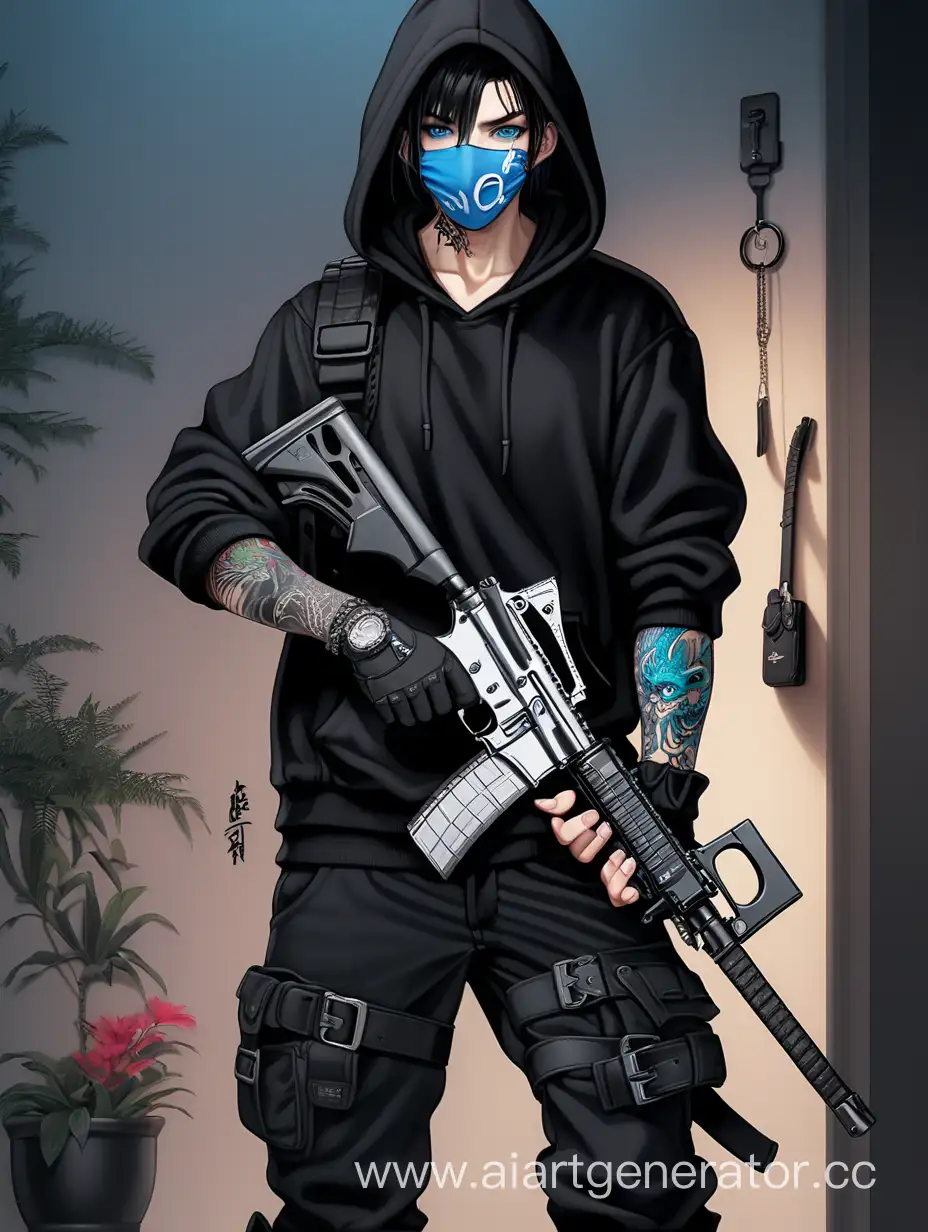 Young-Man-with-Katana-and-Rifle-in-Urban-Ninja-Gear