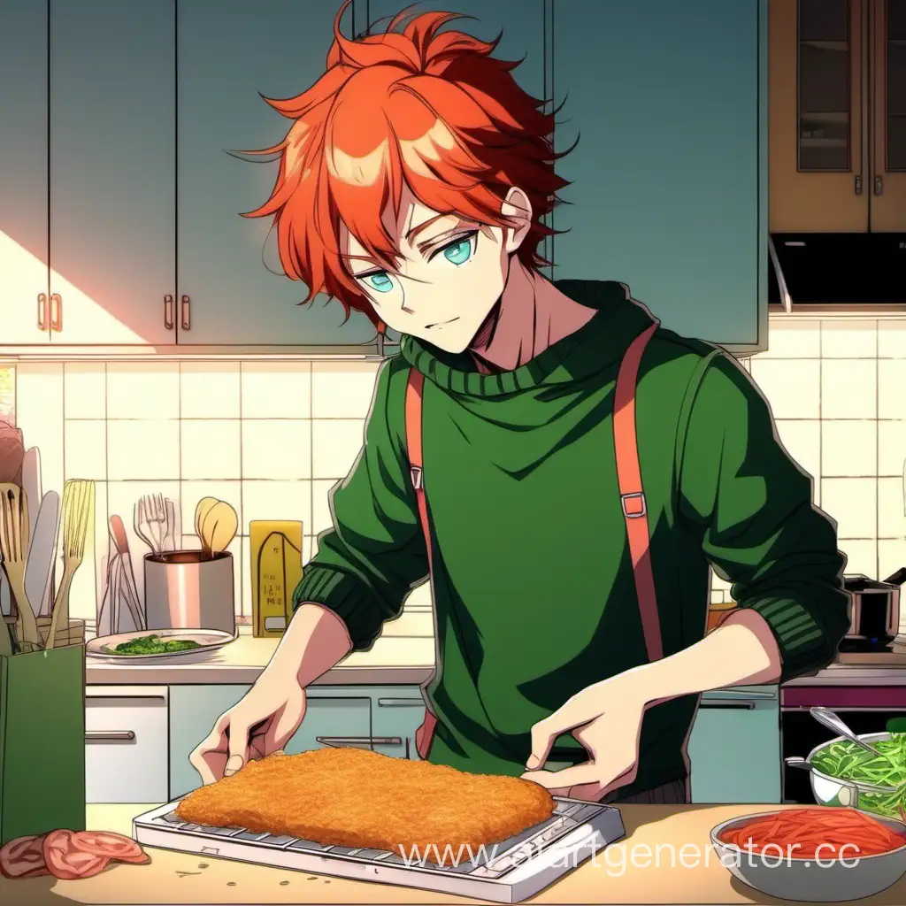 Рыжий мелкий и худой подросток, парень в зелёном свитере, готовит отбивную на кухне. Аниме, 2d,4k, эстетика, красивое освещение.