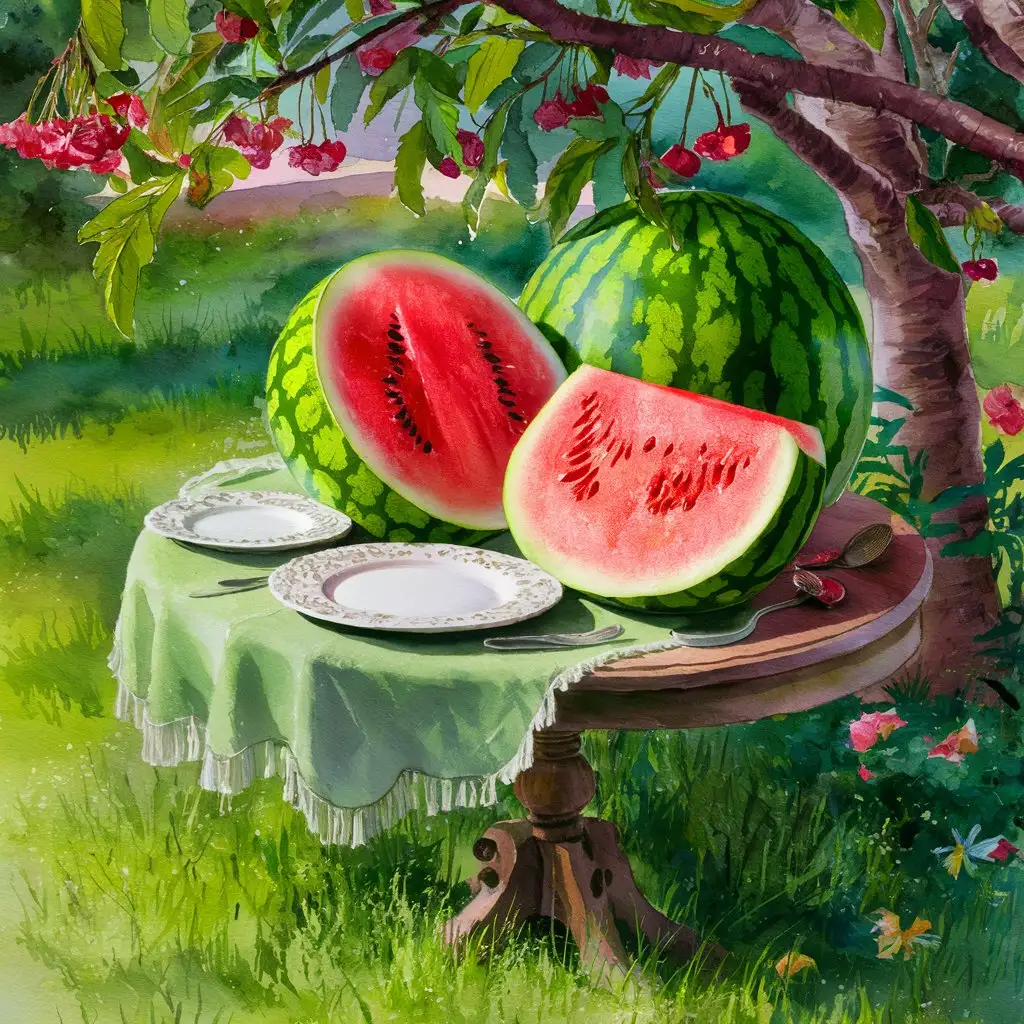 Watercolor painting of half watermelon and several cut pieces, served on white romantic plates on a round wooden table with green tablecloth during hot summer under the shadow of cherry tree in garden with grass and flowers