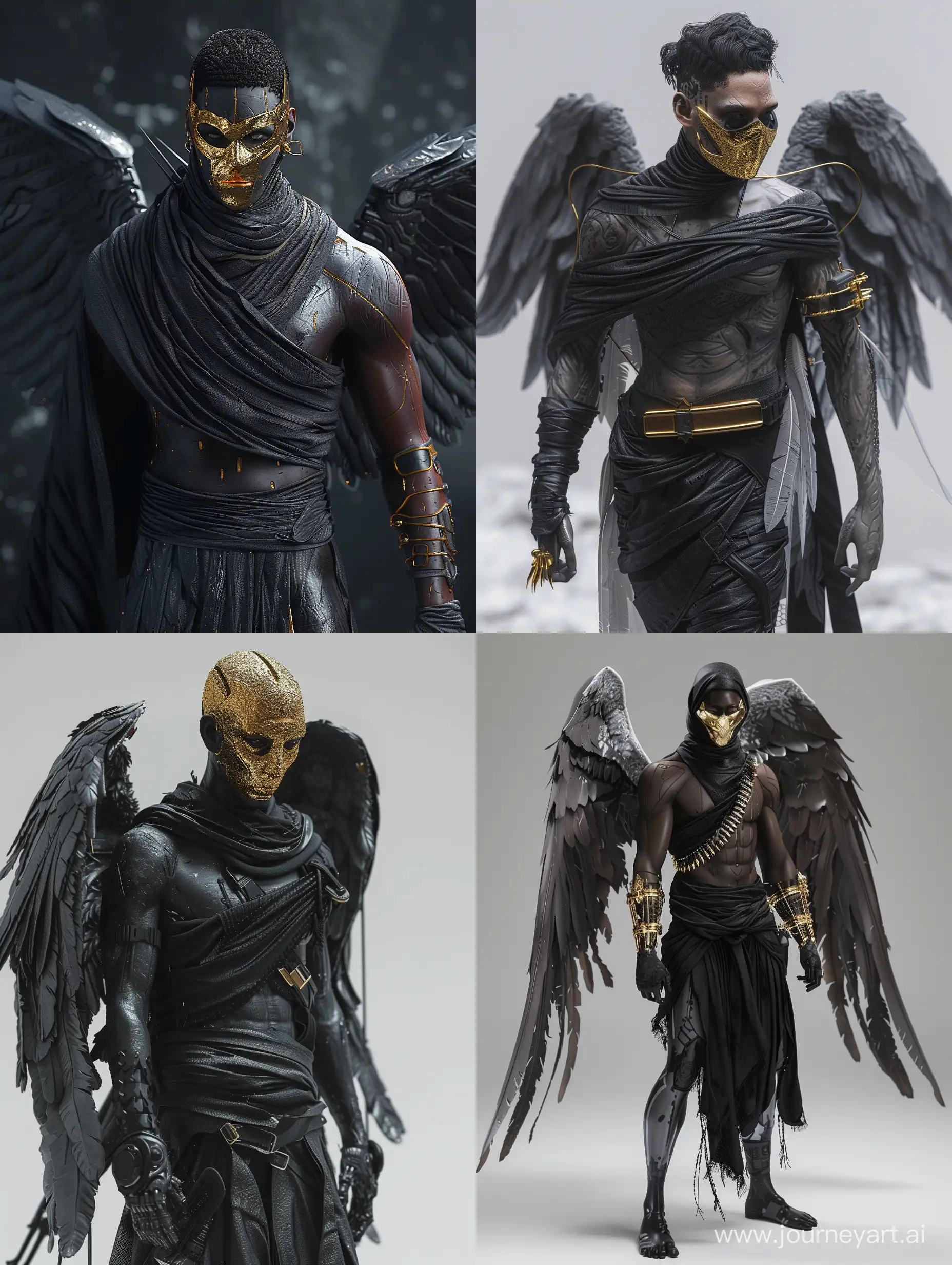 sci - fi male hunter full body character concept, dark angel, black wraps, wings, gold mask, 3d model cyberpunk, insane detail
