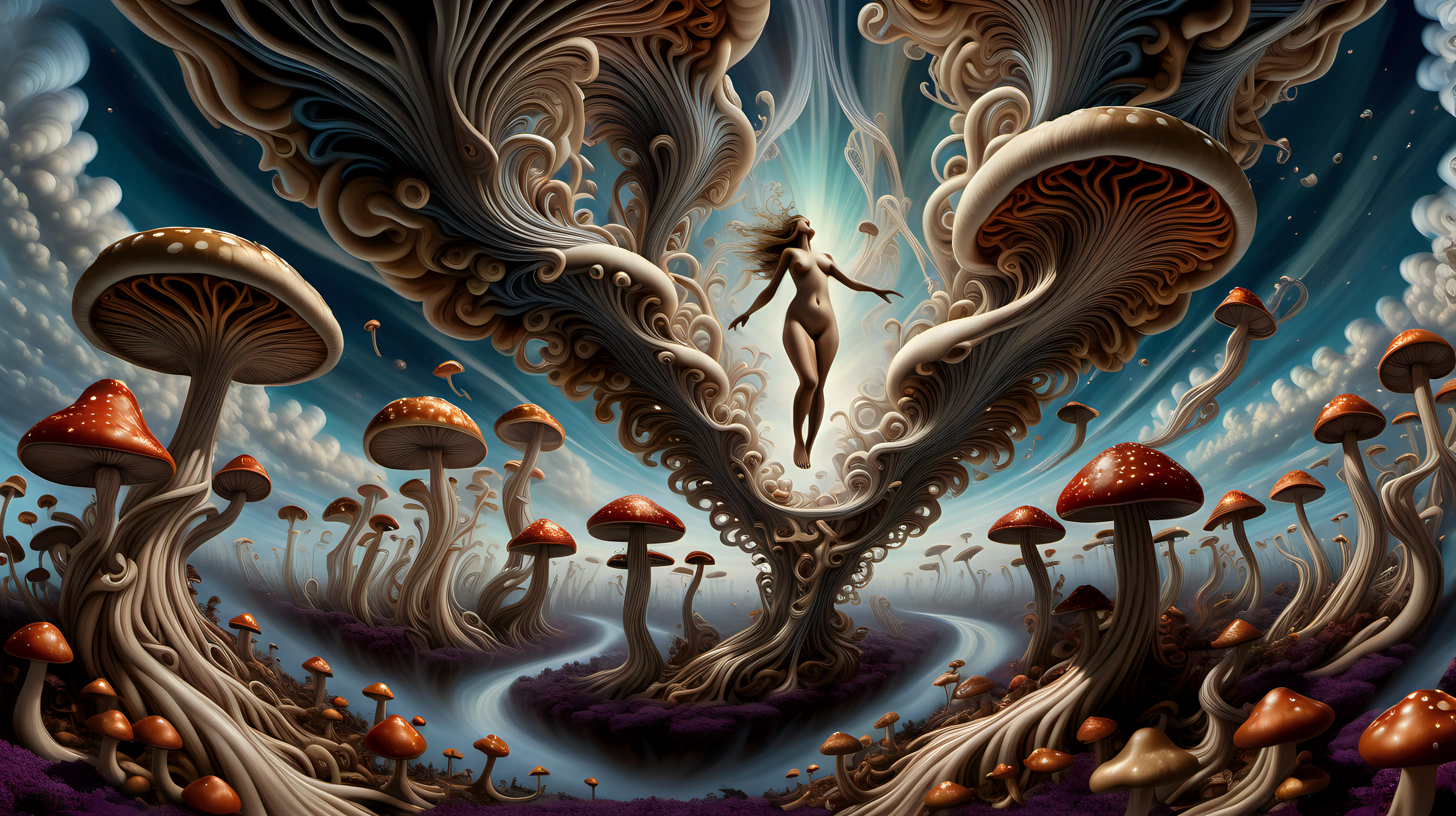 Euphoric Nude Female Figure Soaring Amidst Psychedelic Mushroom Forest