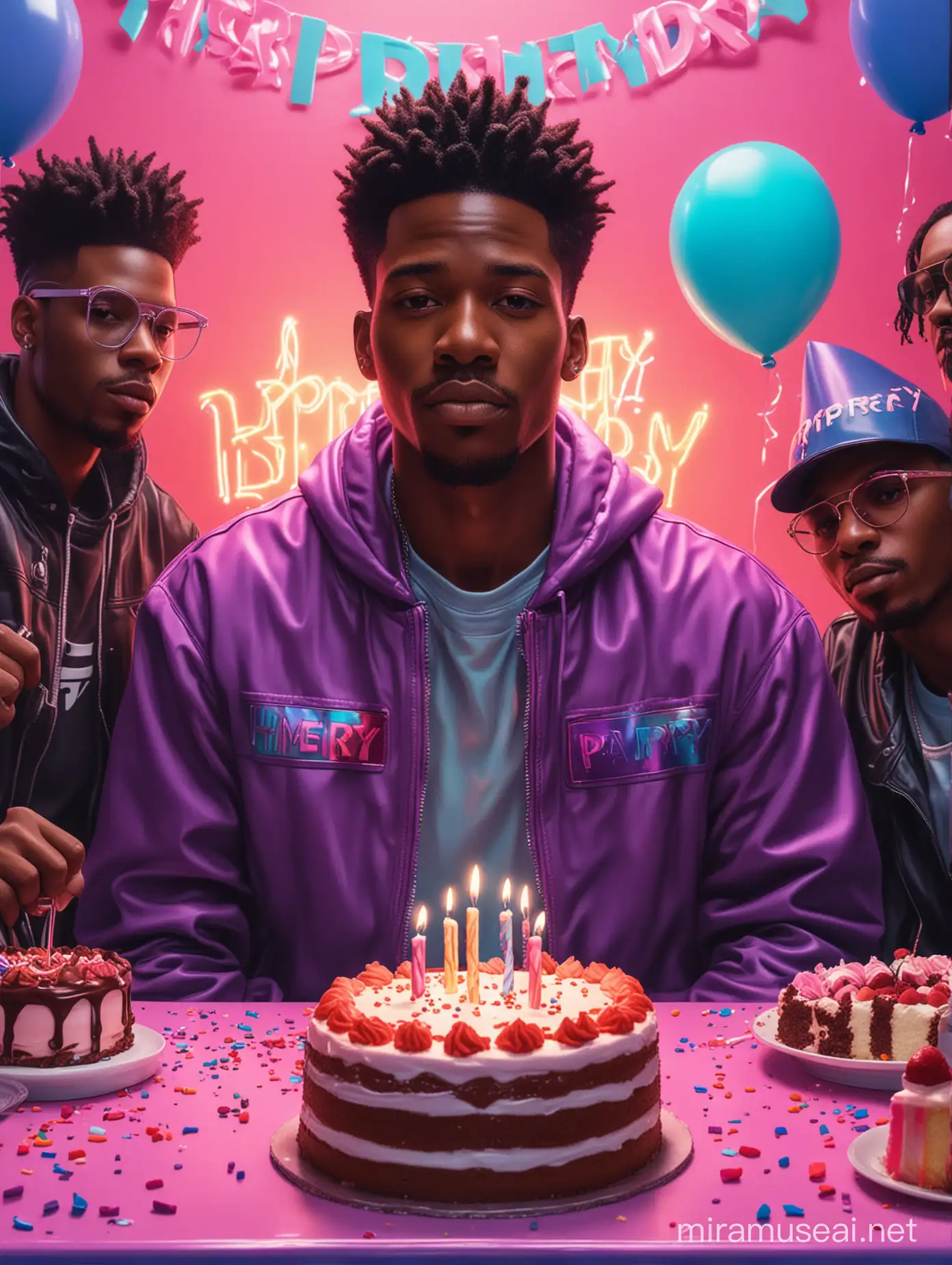 hip hop poster of a black guy sitting in front of a birthday cake and theres a party behind him. synthwave colors and hyper realistic


