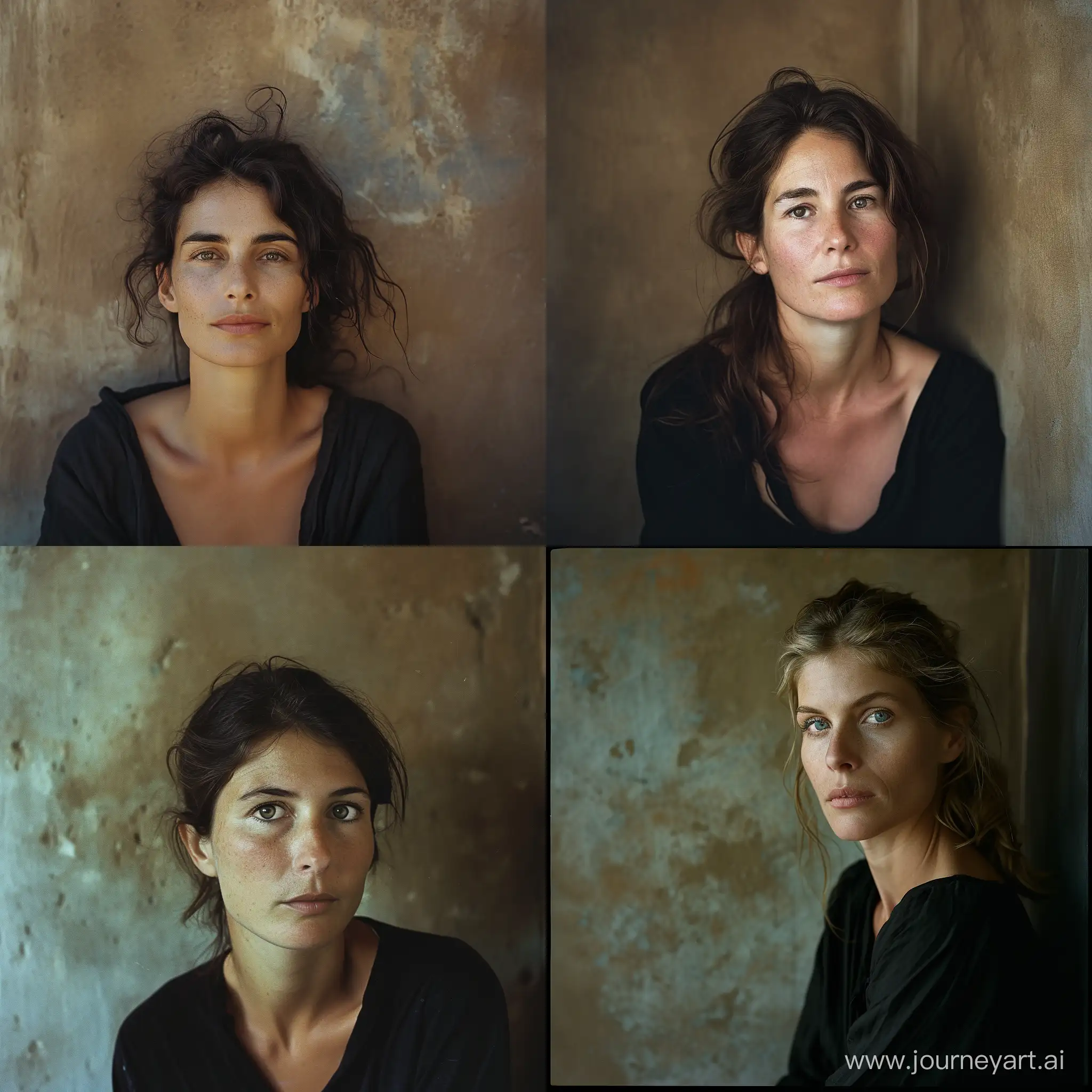 photographic portrait of a 40 years old, Italian woman, in front of a brownish wall; peaceful and relaxed expression; almond eyes, eye contact; summer gentle light. Shot with Kodak Portra 160::2 ; in the style of Peter Lindbergh::2