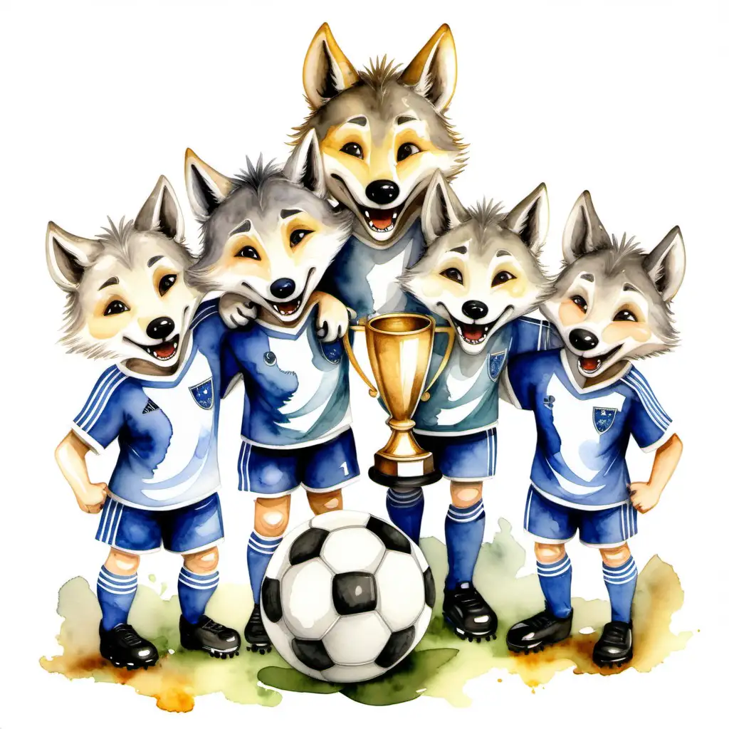A pack of cute little wolves soccer players won a first place and hold a trophy. Watercolour style. Make it appealing to a three year old