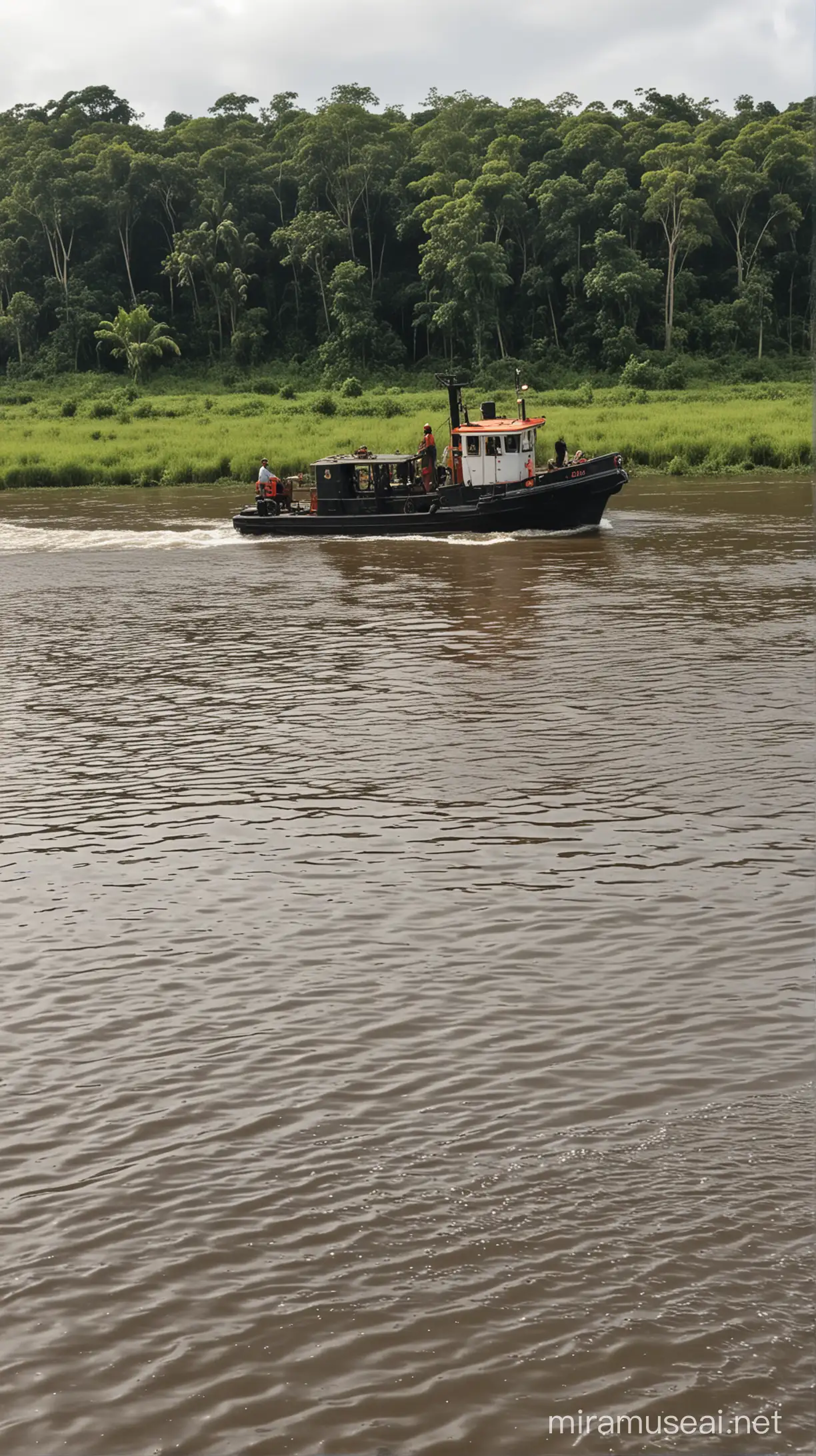 Tugboat in the river Amazon,elephant drink