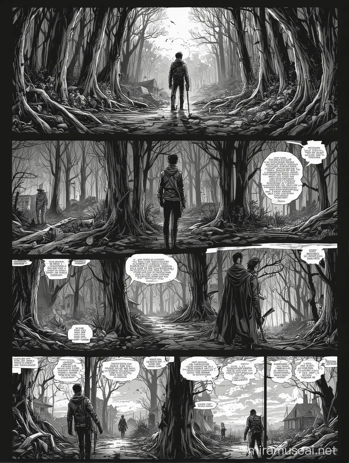 a single page from a comic where the protagonist has lost everything and gone into the shadows to hunt 