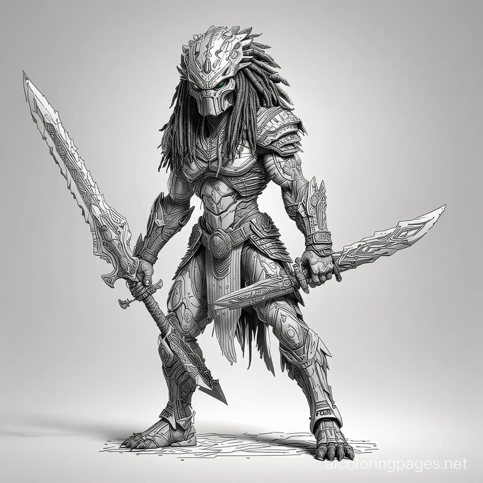 Yautja, predator art armed with an alien sword. Grey and green colors., Coloring Page, black and white, line art, white background, Simplicity, Ample White Space. The background of the coloring page is plain white to make it easy for young children to color within the lines. The outlines of all the subjects are easy to distinguish, making it simple for kids to color without too much difficulty