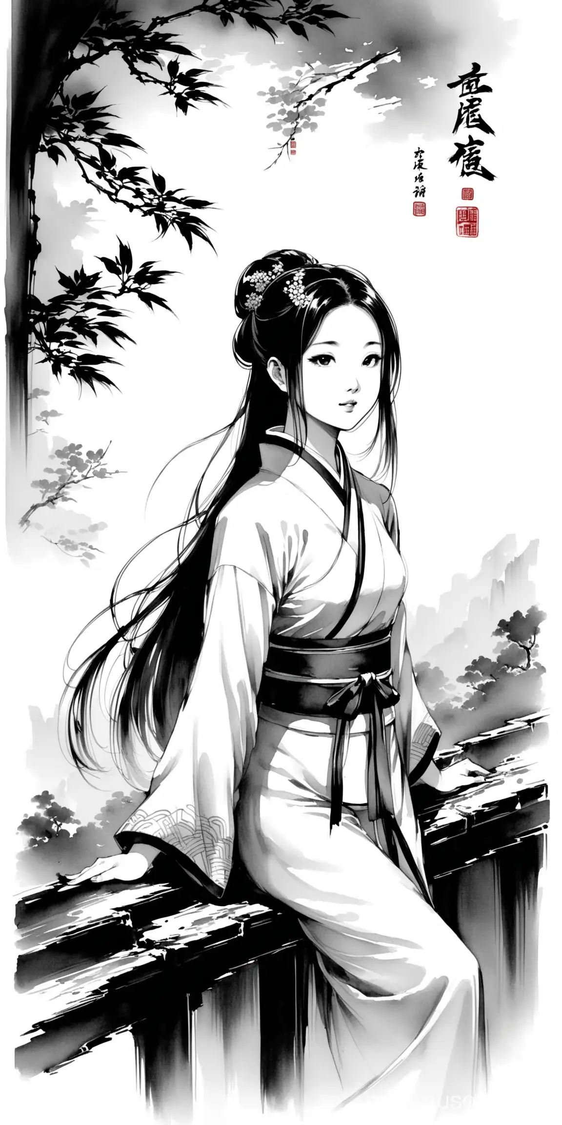 traditional hand drawing chinese girl, ink painting, black and white, more shadows