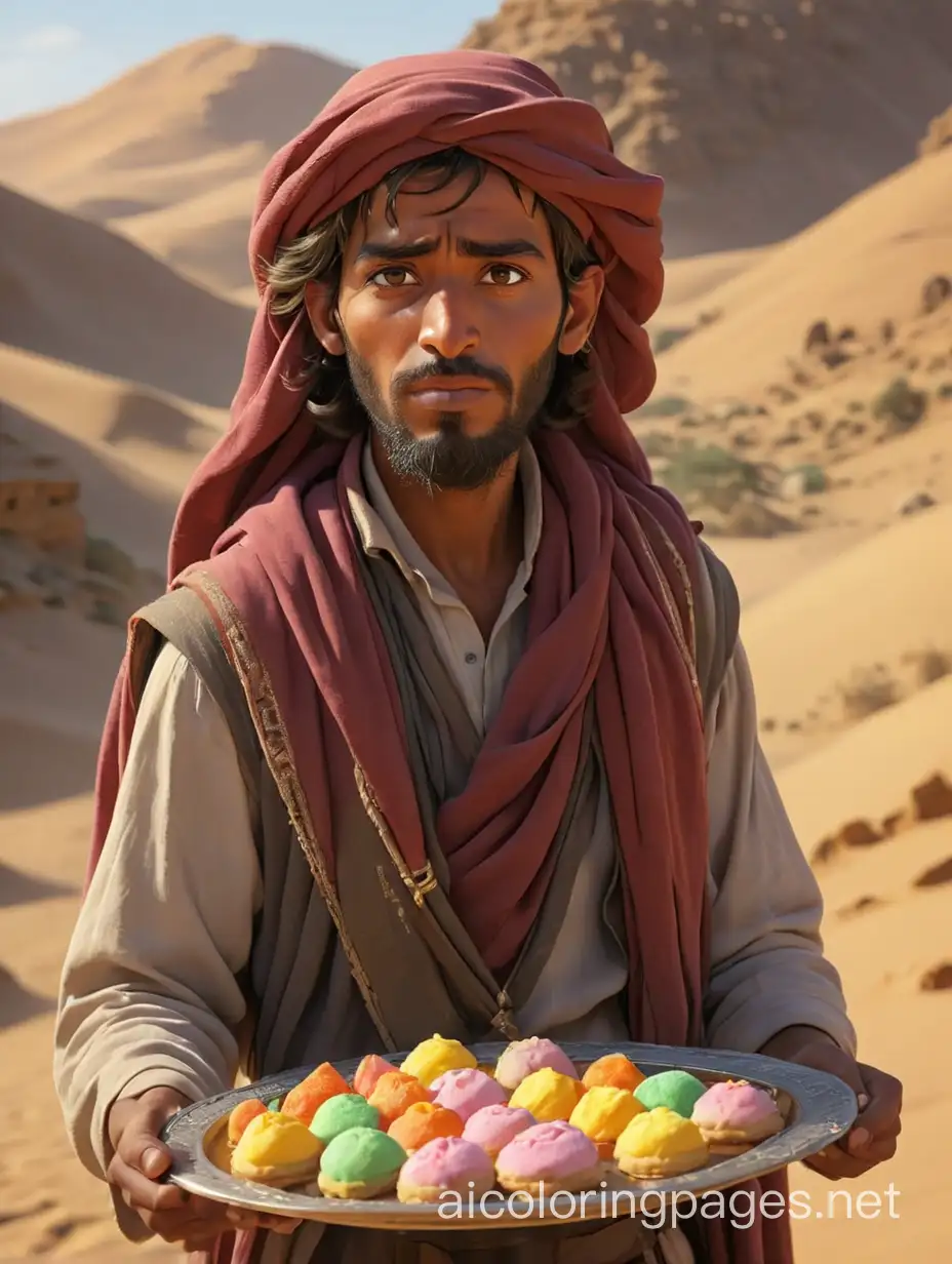 Please create an amazing cartoon image with meticulous detail, in terms of beautiful colors, wonderful characters, and amazing lighting. The scene expresses the following: ((A Bedouin man from the desert desert carrying a tray of sweets)), Masterpiece, UHD, retina, Accurate, textured skin, super detail, Disney Animation Style, Cute Realistic Cartoon, high details, high quality, award winning, best quality, high-res, reflection light, Incredibly light and shadow, 16k, --v 4 --q 2, Coloring Page, black and white, line art, white background, Simplicity, Ample White Space. The background of the coloring page is plain white to make it easy for young children to color within the lines. The outlines of all the subjects are easy to distinguish, making it simple for kids to color without too much difficulty