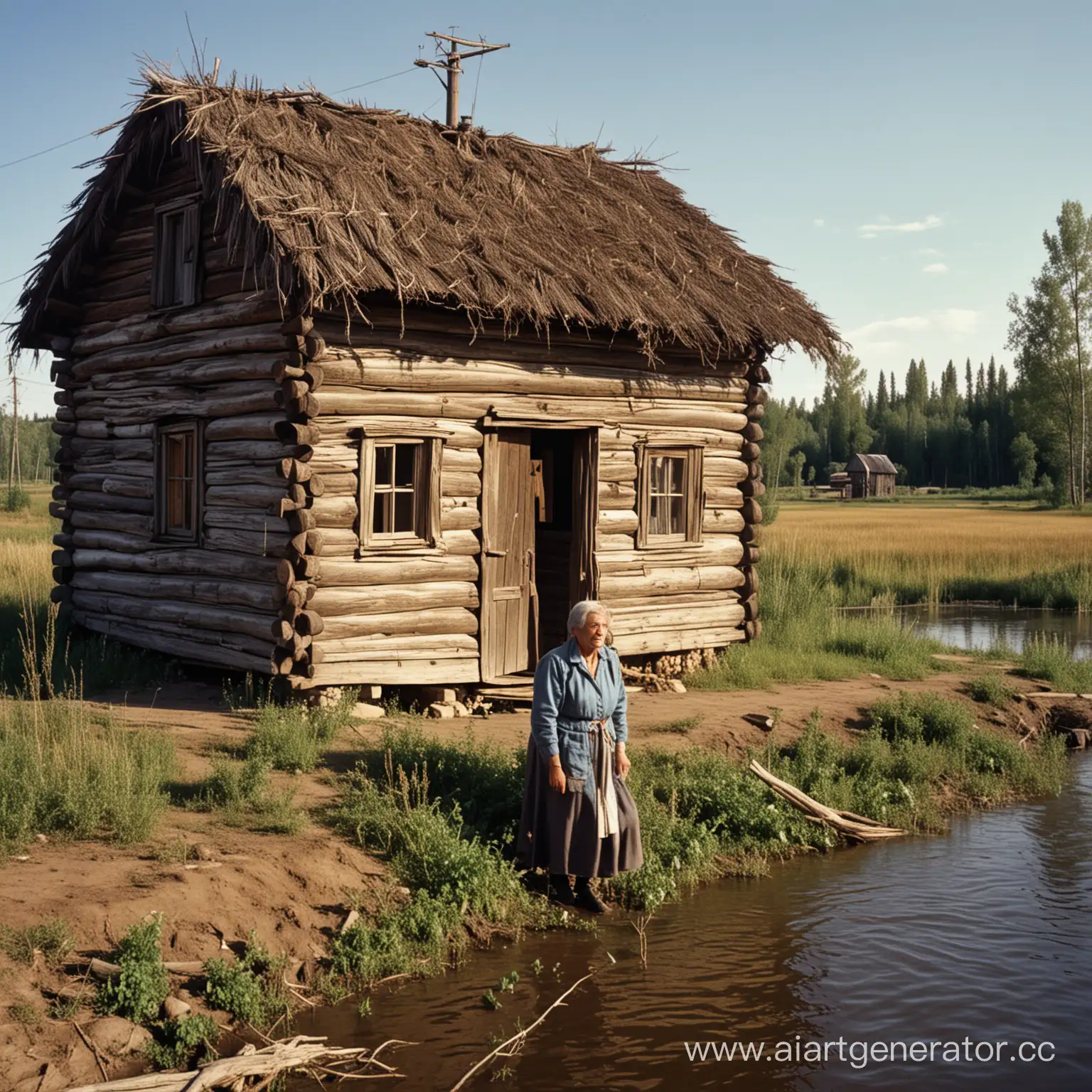russia, a lonely grandma in cheap wood house, the grandma is a fermer, loving her home town, small town in siberia, 1970s,  very big river nearby, hydroelectric power station on that river. a big unic tree far away,  

