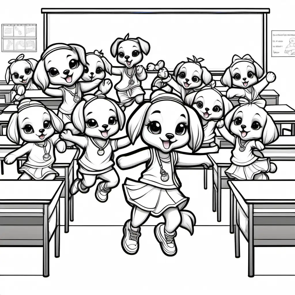 two groups of cute Hip Hop female puppies dancing in classroom in school, clear lines no shading, coloring pages 