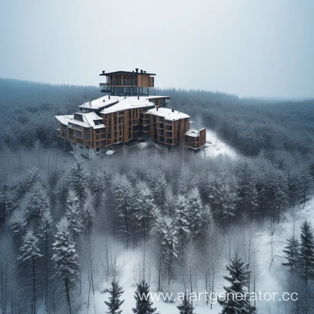 a house on top of a large rocky hill overgrown with pine forest in the middle of the winter taiga, a view from afar