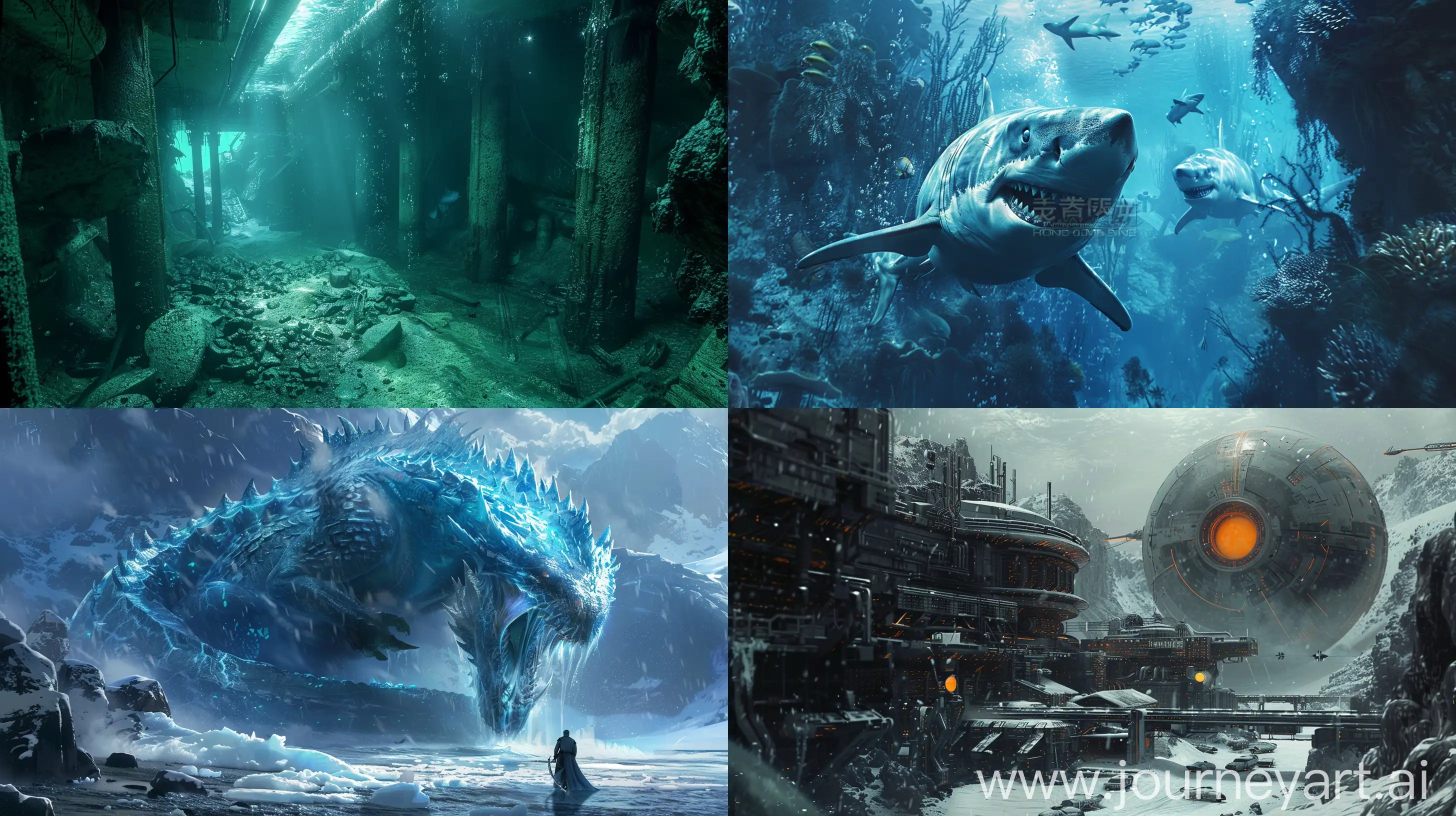 22-year-old Chinese square round face handsome boy:: 4, the front panorama meets the sea monster in the undersea world., cinematic, Ice, Underwater world::3, 3D design::2, Titanic style, --ar 16:9 