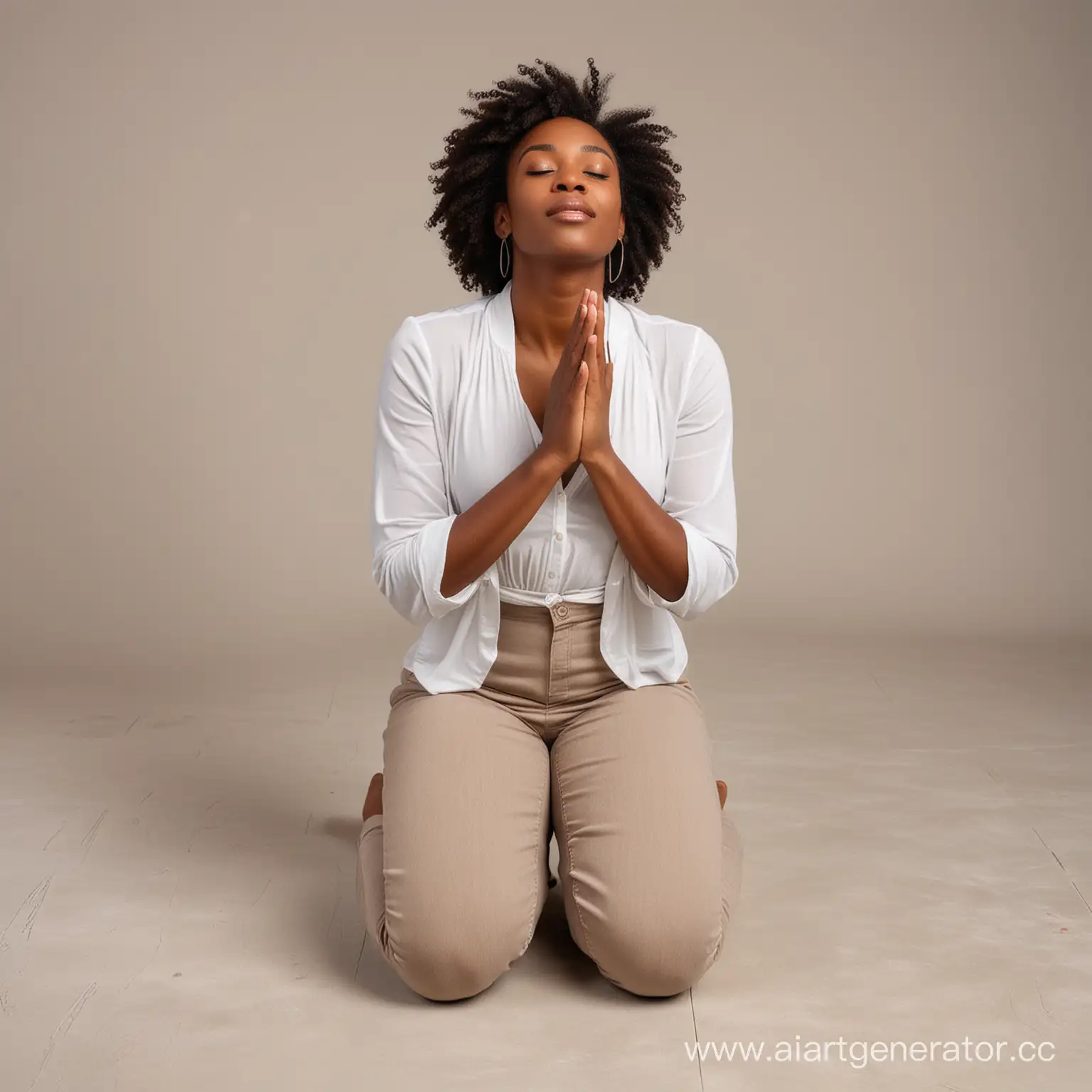 Black woman, 30 years old sitting on the floor in praying position with hands joined and opened, and kissing the air,  sideview, fullbody