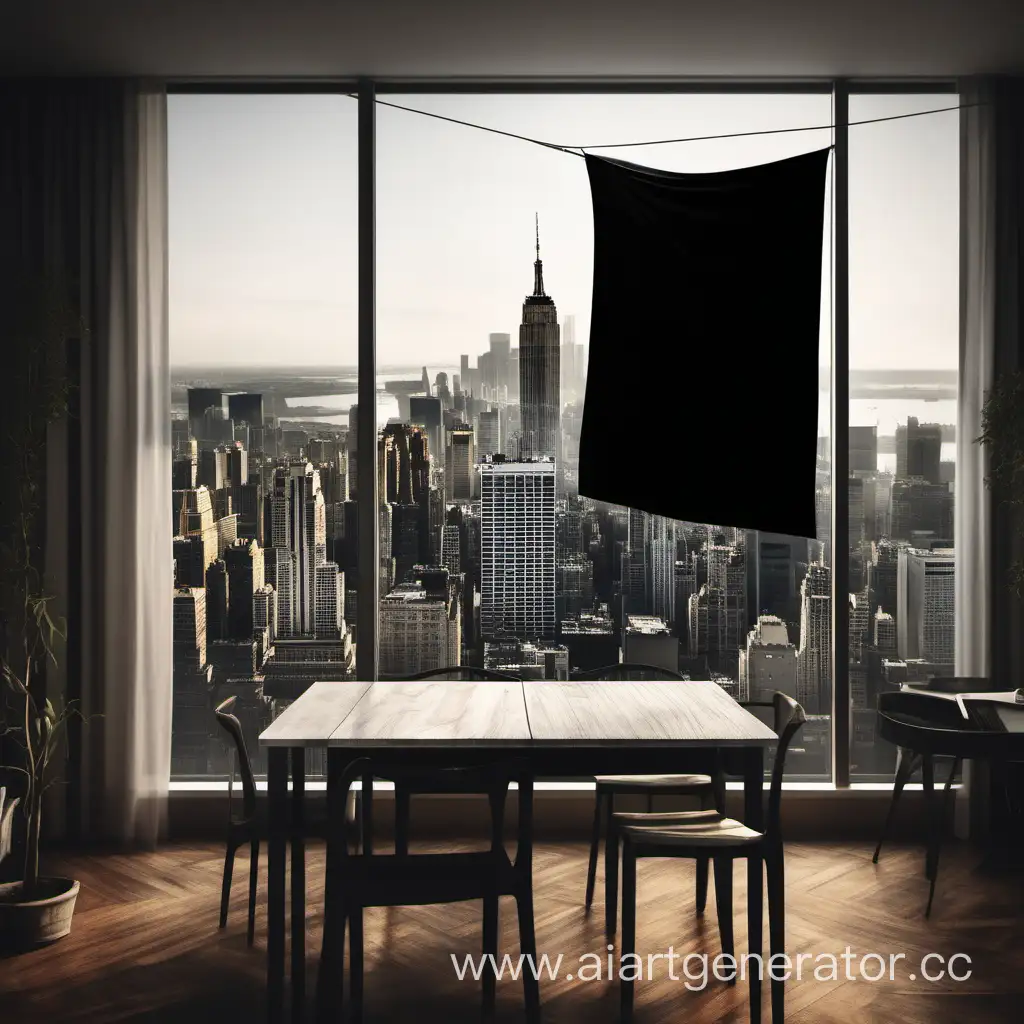 Чёрный флаг весит на стене в комнате где в центре комнаты стоит стол, вид из окна на город, в комнате разговаривают люди 