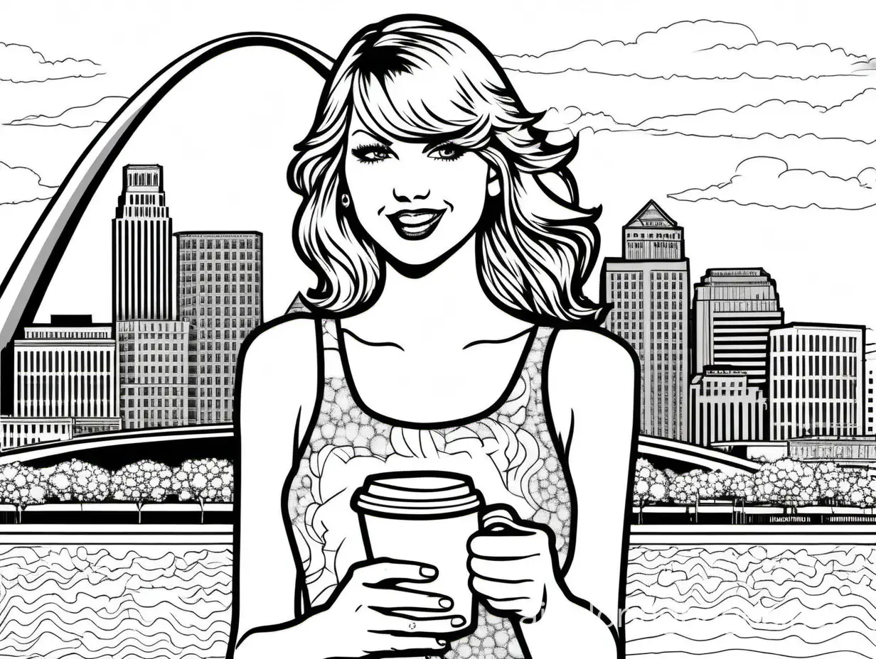 a smiling taylor swift in a sparkly dress while holding a coffee mug in front of a The skyline for the city of St. Louis Missouri with the Gateway Arch, Coloring Page, black and white, line art, white background, Simplicity, Ample White Space. The background of the coloring page is plain white to make it easy for young children to color within the lines. The outlines of all the subjects are easy to distinguish, making it simple for kids to color without too much difficulty