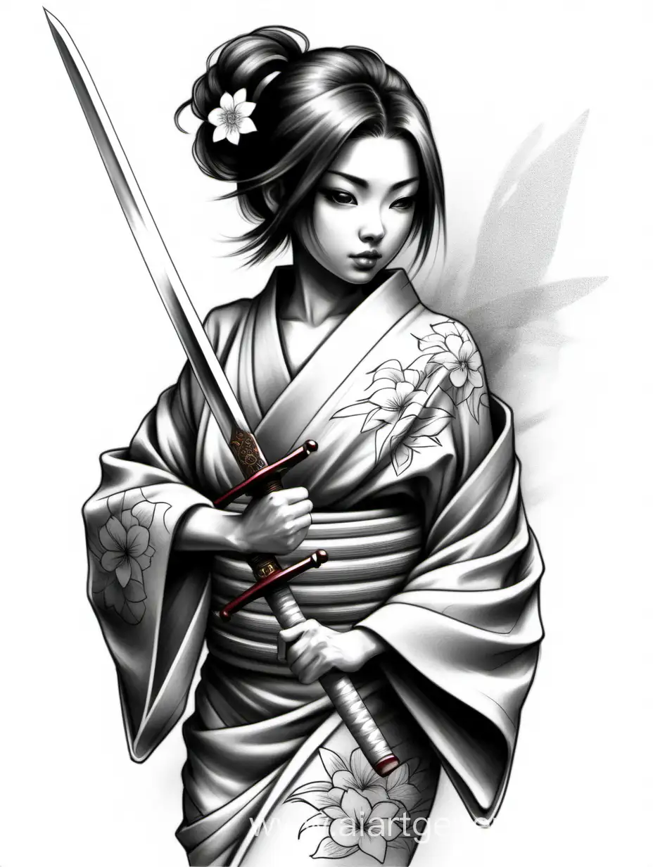 A girl in a kimono with open shoulder
. In the other hand is a sword. The angle is 3/4. Sketch for a tattoo 