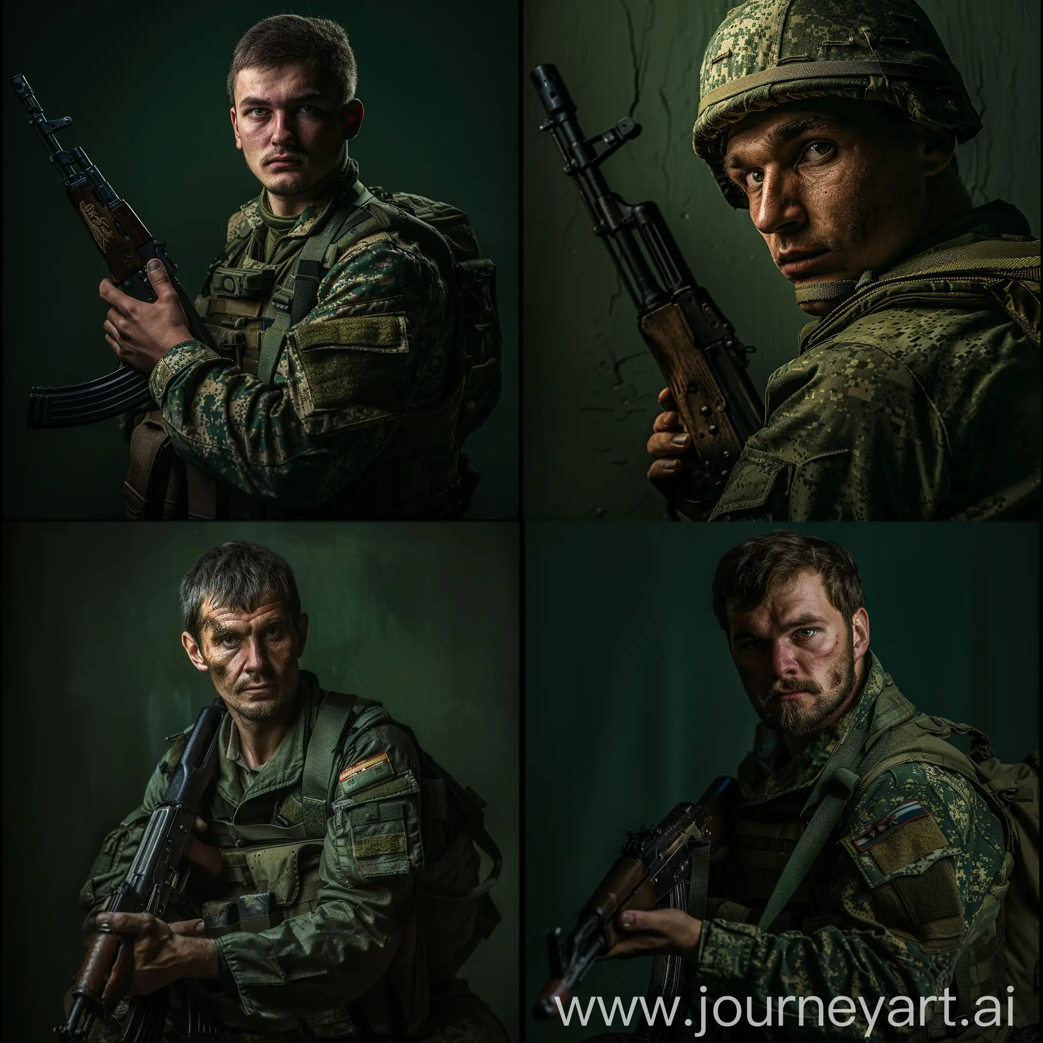 Portrait of a Russian soldier with a AK-12.The background is dark green.