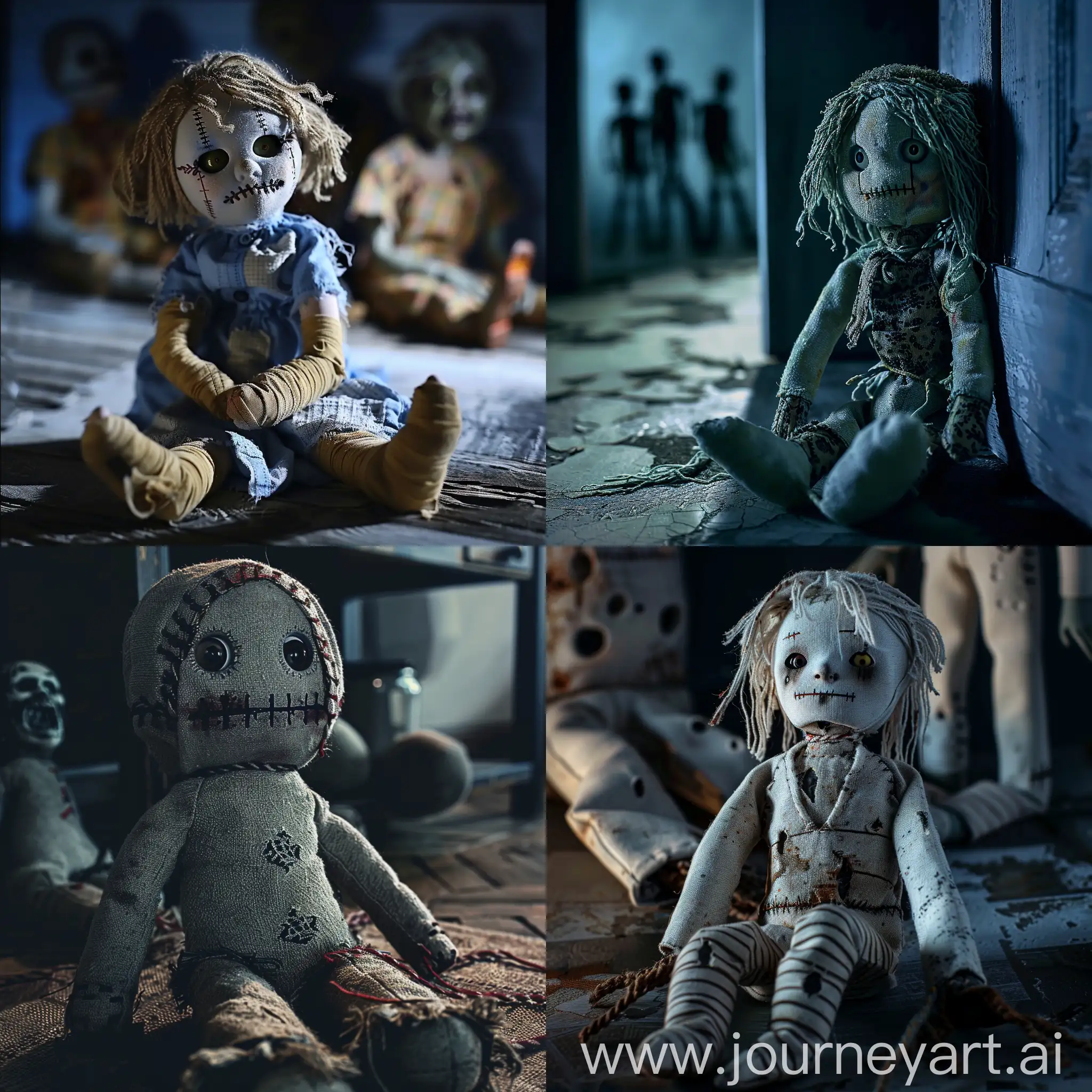 Psychopath rag doll is sitting in a dark room, scary zombie spirits are watching it horror theme