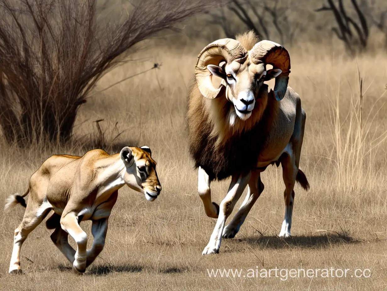 Ram-Fleeing-Lioness-in-Savanna-Chase