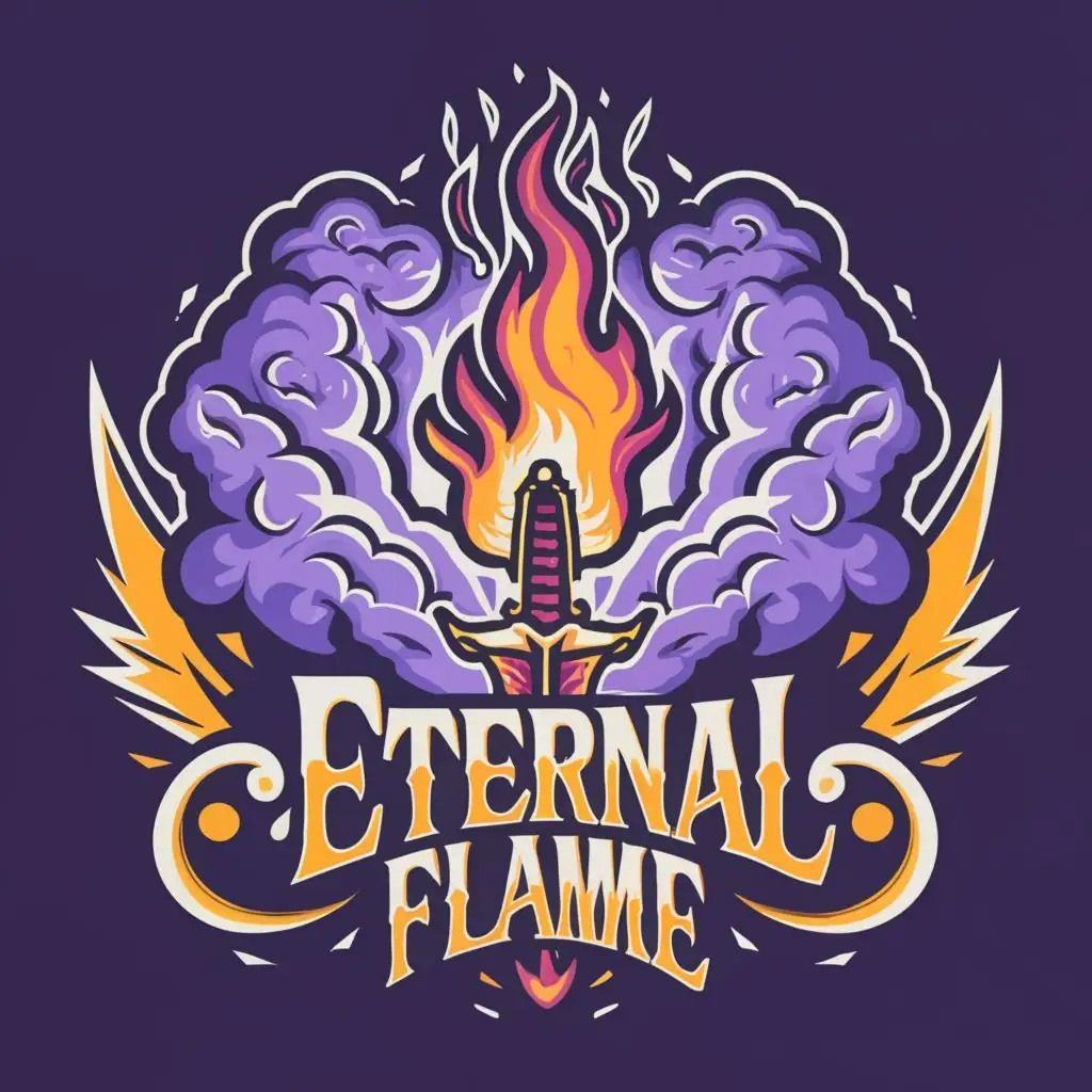 a logo design,with the text 'Eternal Flame', main symbol:fire violet ,  thunder clouds ,lightning ,sword , flame ,  complex  , contrast,complex,clear background