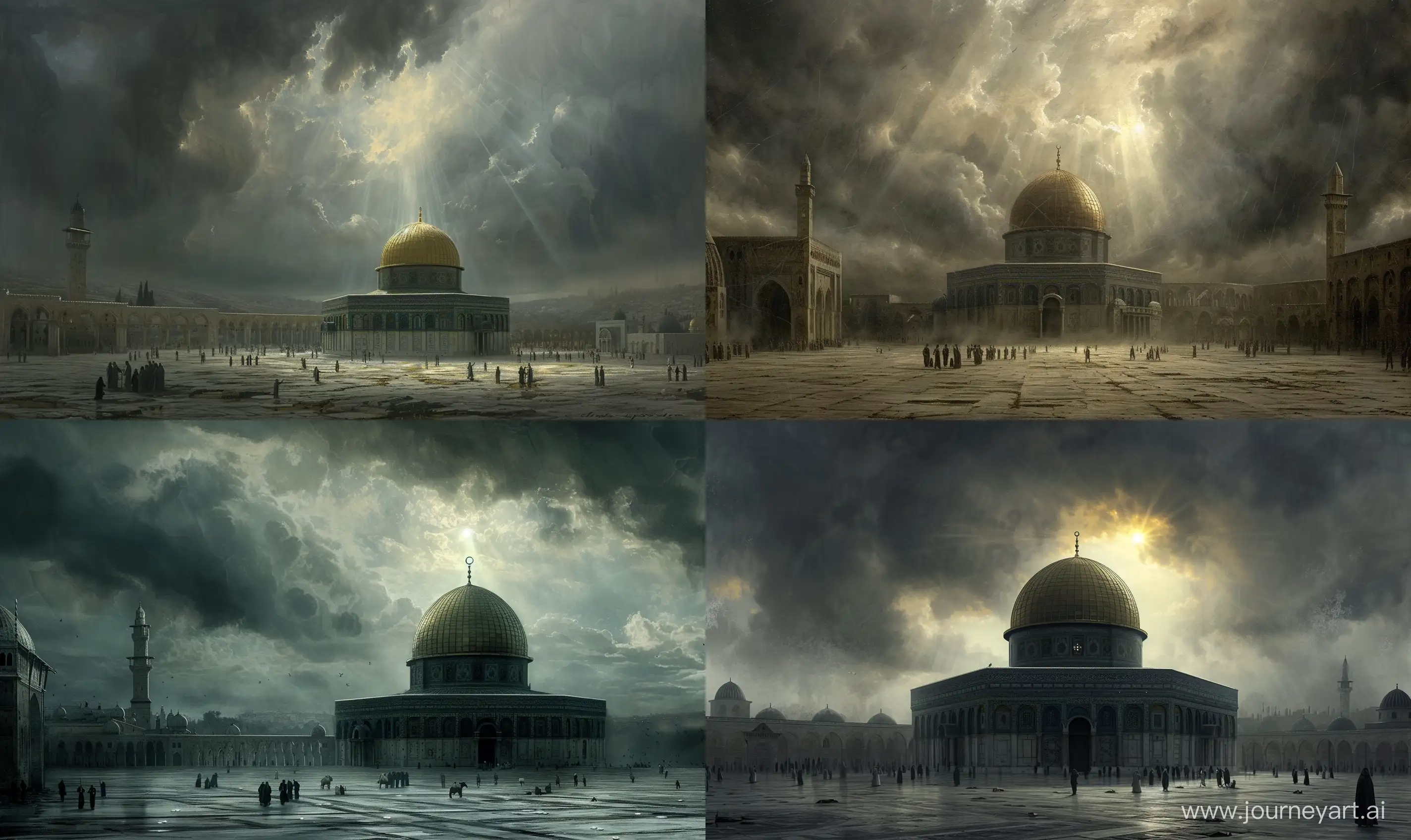 a medieval Renaissance painting, Dome of the Rock in middle of a vast courtyard, dark grey cloudy weather, small sun ray entering from clouds, pilgrims, calm medieval era environment --ar 5:3 --v 6