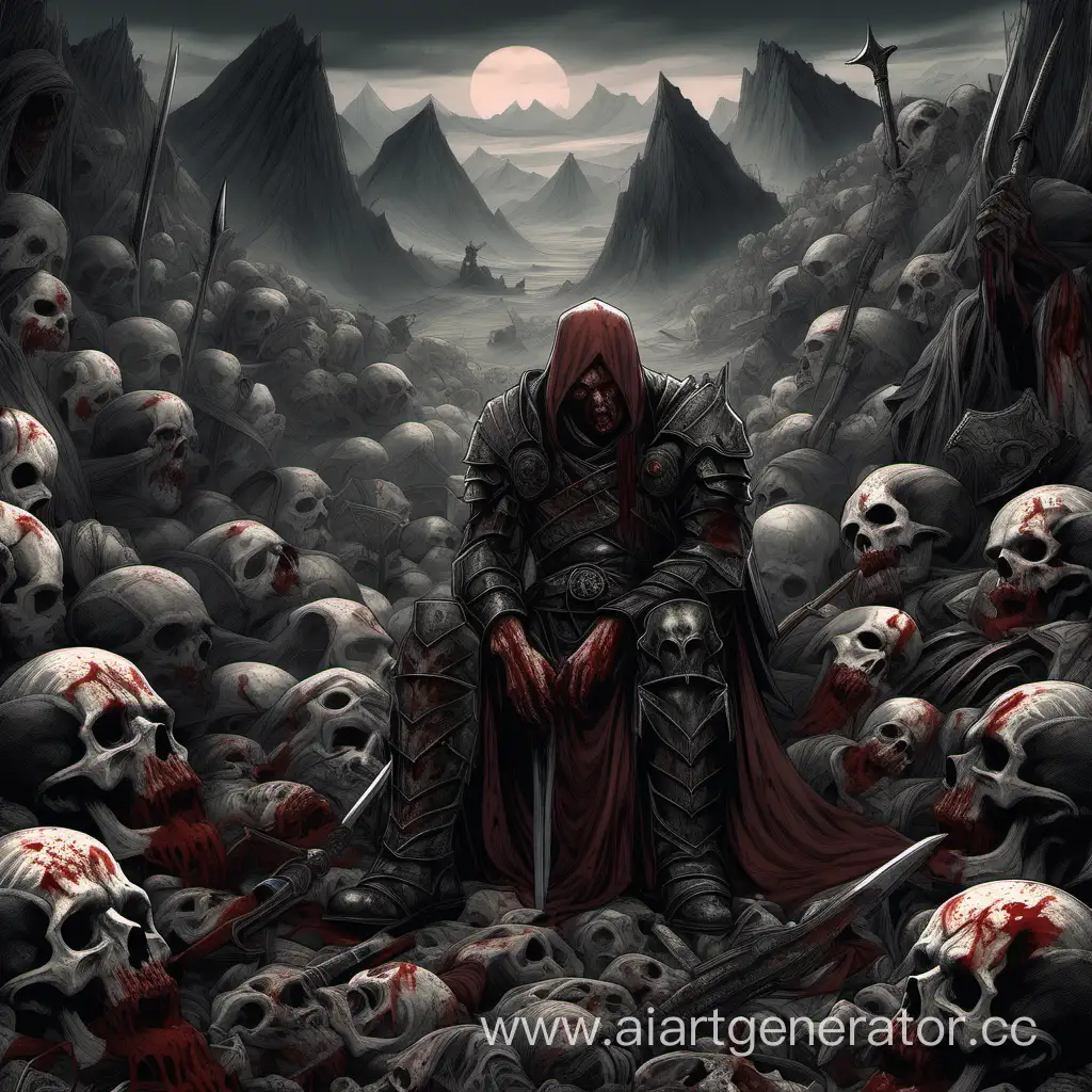 Грустный накаченый воин в крови  сидит возле  горы трупов в стиле Dark fantasy