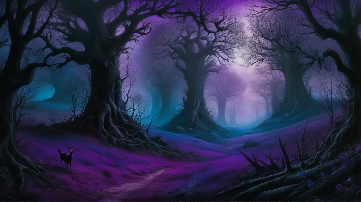 a shadow laden dark gothic magical realm  magical forest with various shades of purple, blue and black desolate landscape