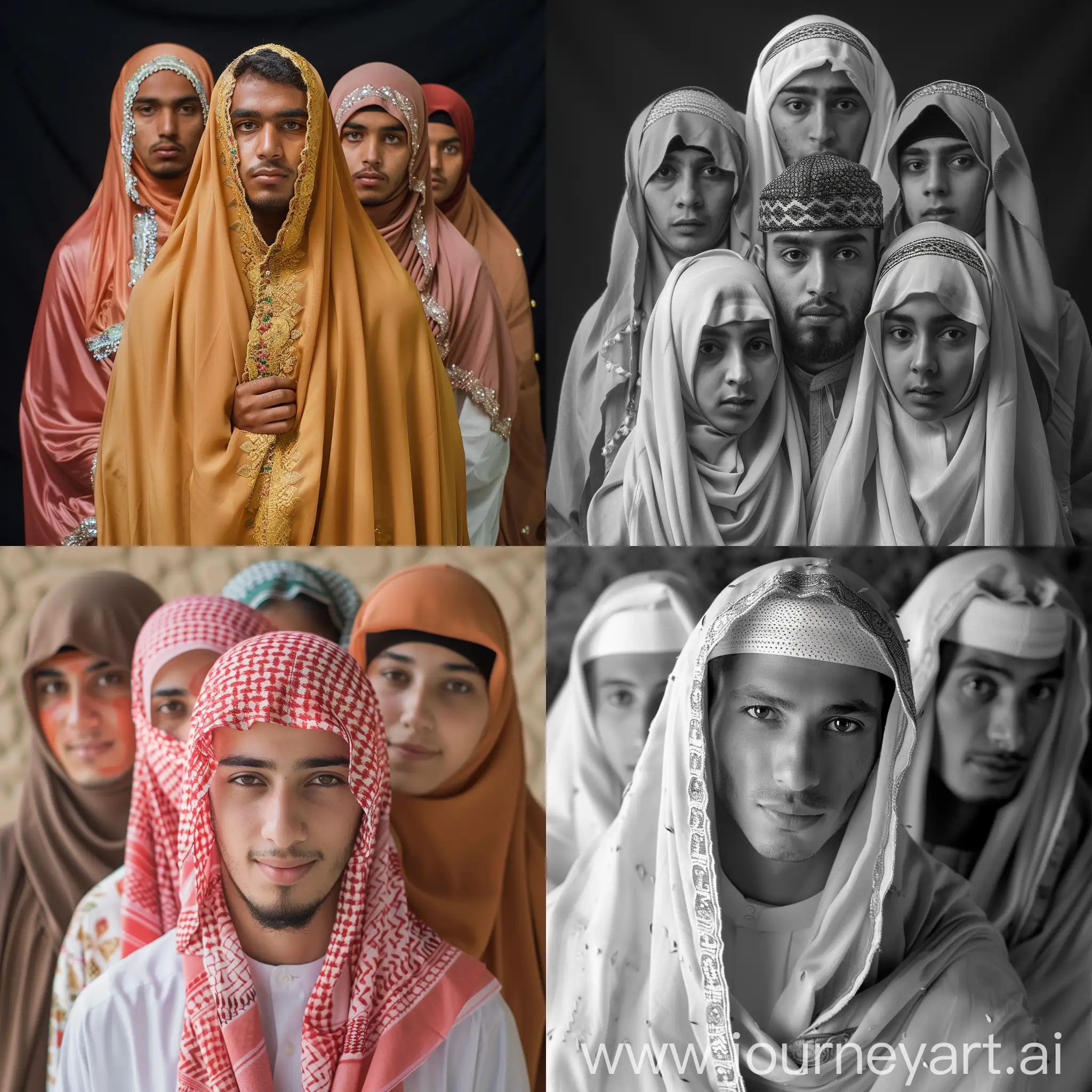 Young Muslim man with his 4 wives. Photography, using a 50mm prime lens for sharp focus on the subjects