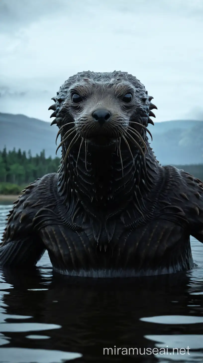 a close up of a person in a body of water with an otter head, xenomorph otter in a swamp, swamp monster, still from the movie the arrival, cryptid, humanoid creature, guardian of the holy lake, stranger things demogorgon, loch ness monster, photo of scp-173, demogorgon from stranger things