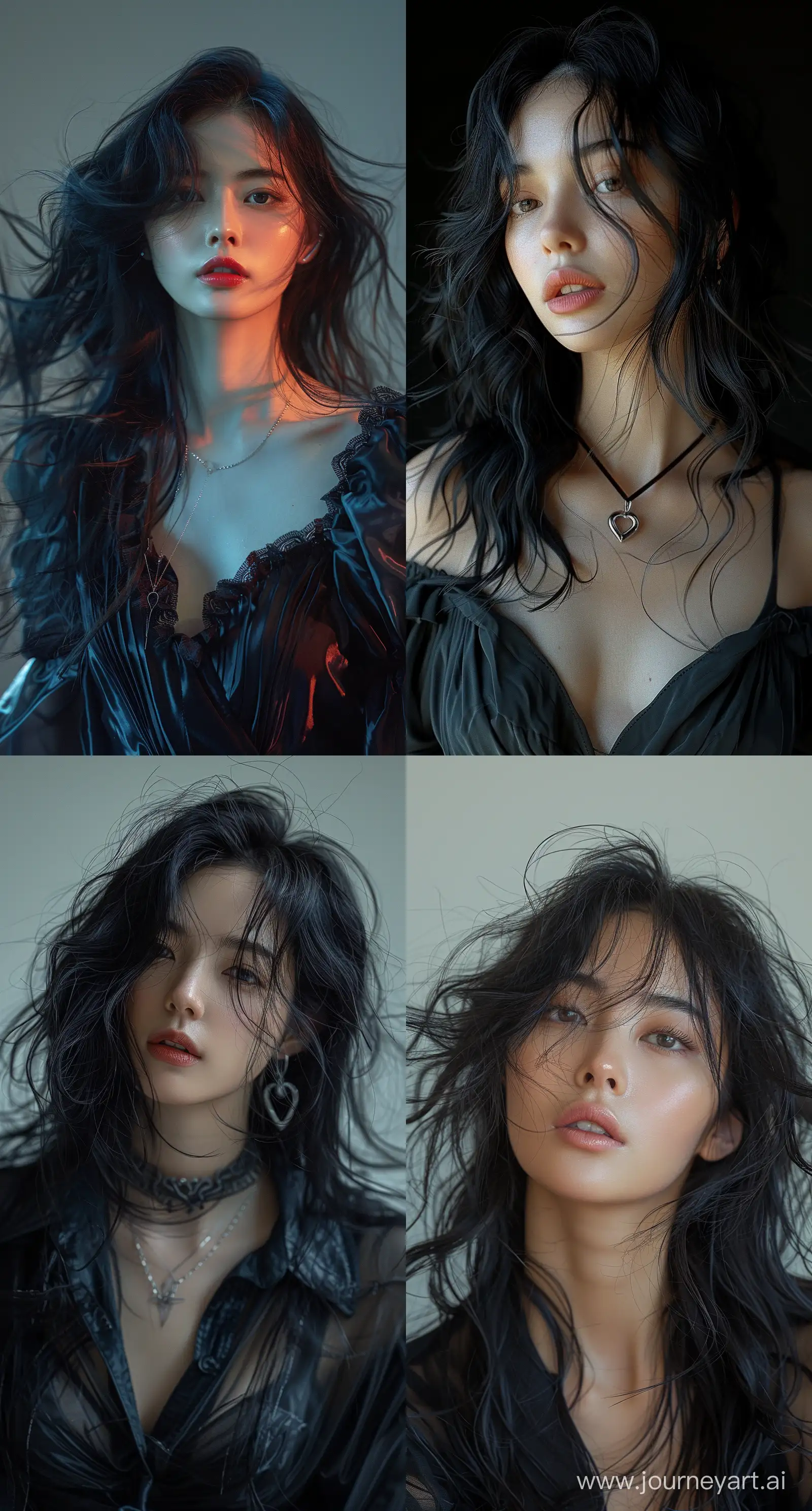 a woman with flowing, black hair is posing chrome heart y2k style, in the style of dain yoon, soft edges and blurred details, captures raw emotions, multilayered, soft edges, wavy, distinct facial features --ar 69:128 --stylize 750 --v 6