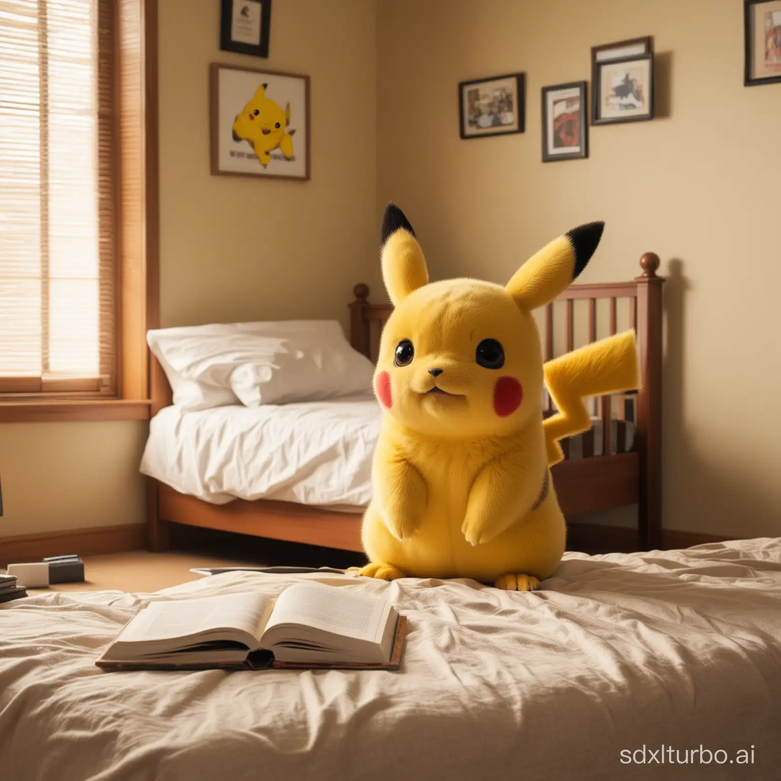 Pikachu studies hard in his nice and warm bedroom.