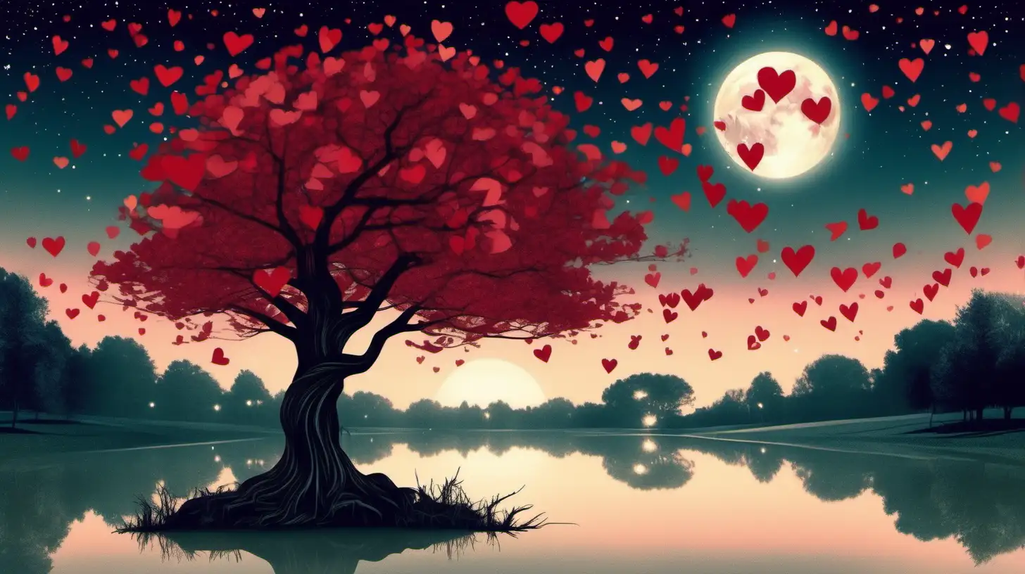 Romantic Tree with Heartshaped Crown in Night Pond Landscape