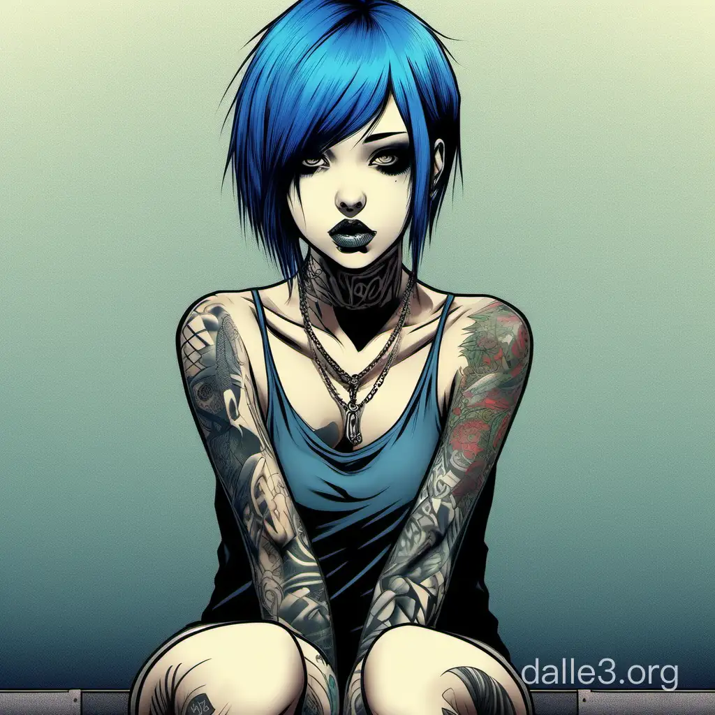 emo, gothic, beautiful girl, blue hair, full body, short hair, brutal, pirsing, tatoo, asian girl, comics style