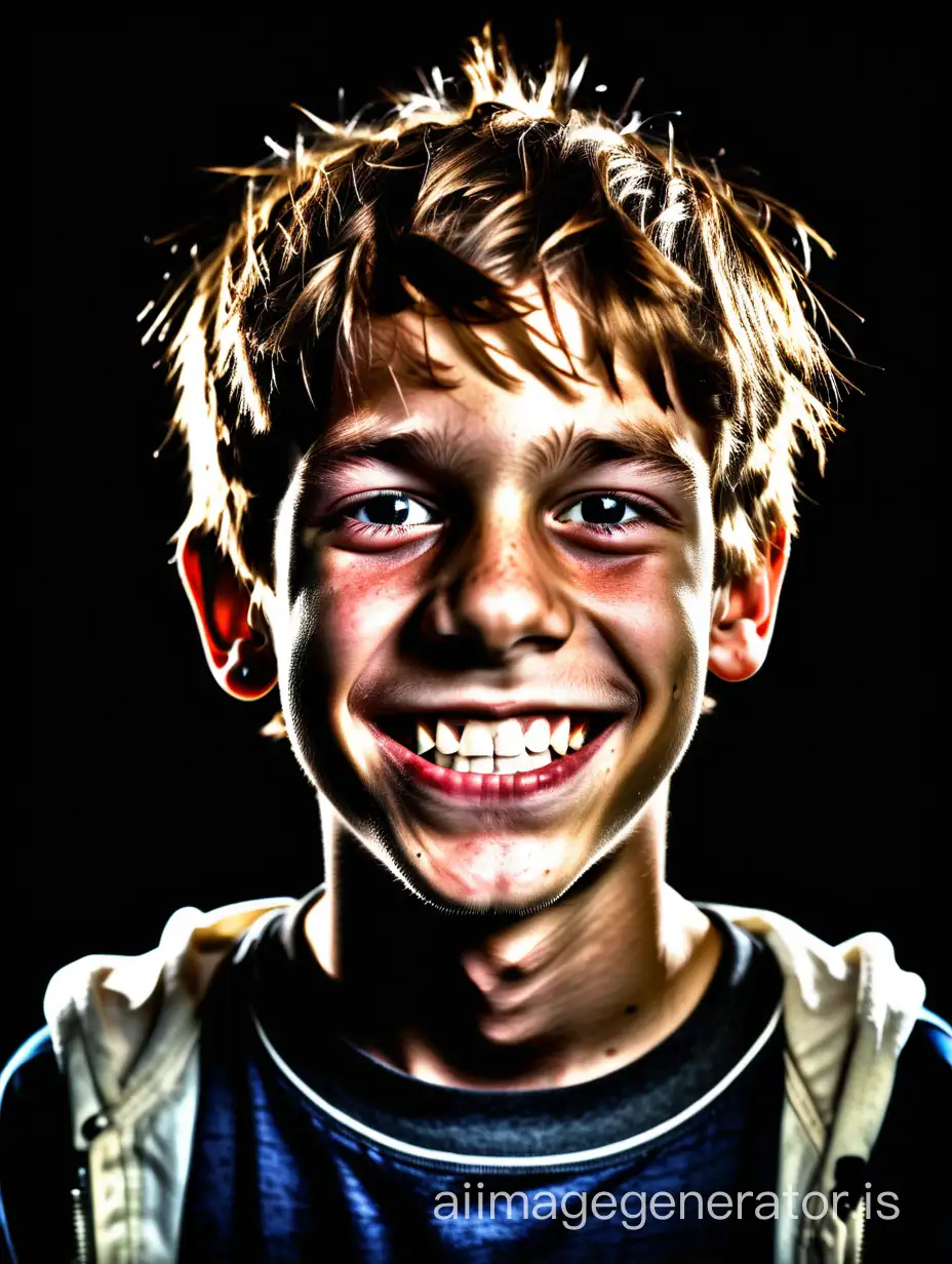 teenage school boy, intelligent brat, troublemaker, grinning, drugger, prankster, trickster, onlooker, spetator, amused, peeping, black background. photo, real lighting, neutral filter