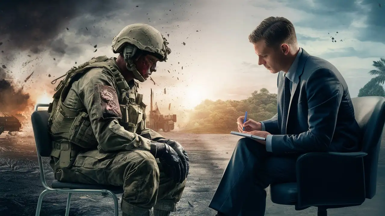 Draw in the style of realism, digital painting: a soldier in full combat uniform, wearing a helmet and body armor, possibly wounded, and a man in a formal suit (implying a psychologist) are sitting opposite each other on chairs. The psychologist carefully writes something down in a notebook. The background of the picture is divided into two halves: Where the soldier sits, behind him there is a raging war, explosions, and the second half, where the psychologist sits, behind him is peaceful life.
