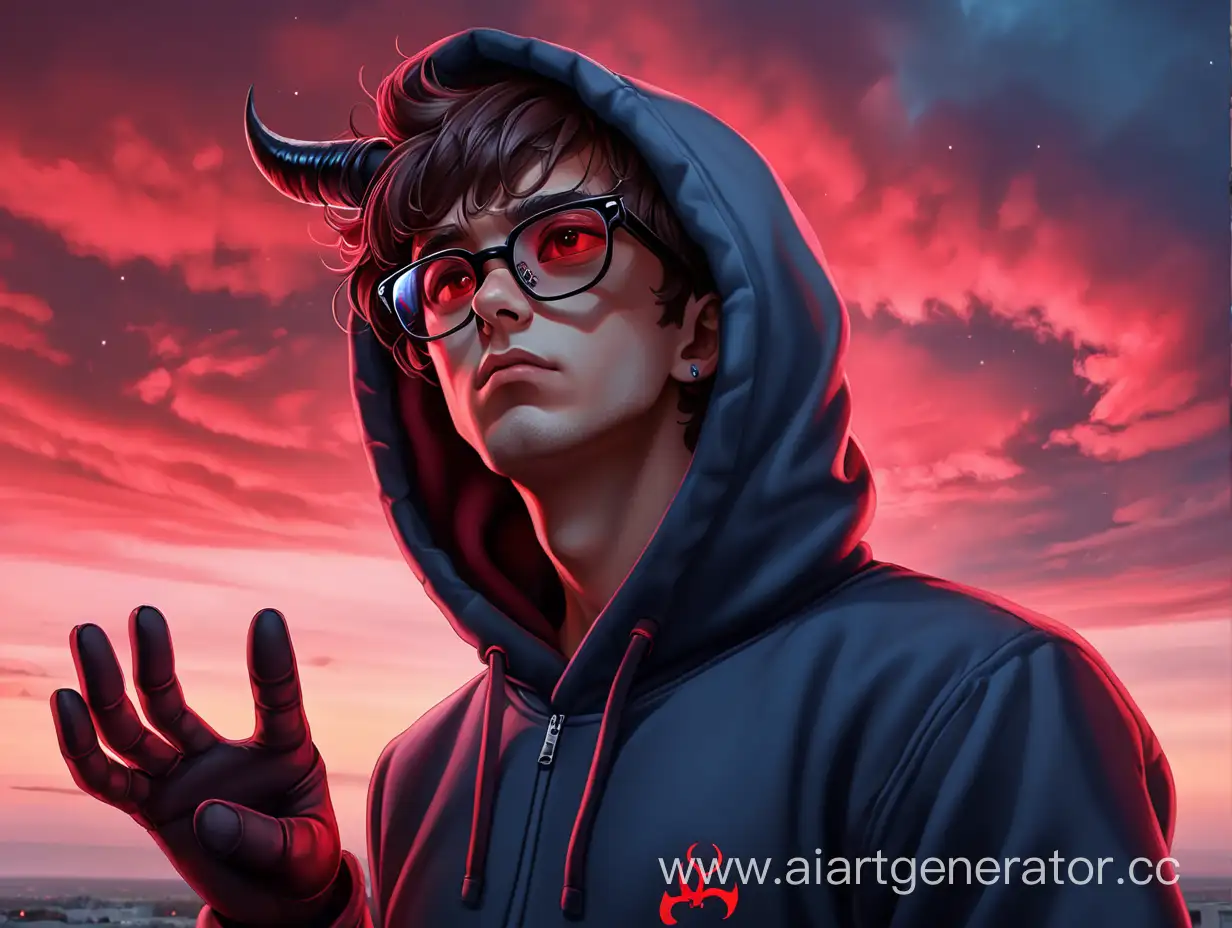 The guy is looking at the sky, there is a devil in the sky with red clouds. A guy in a dark beautiful hoodie with gloves and glasses
