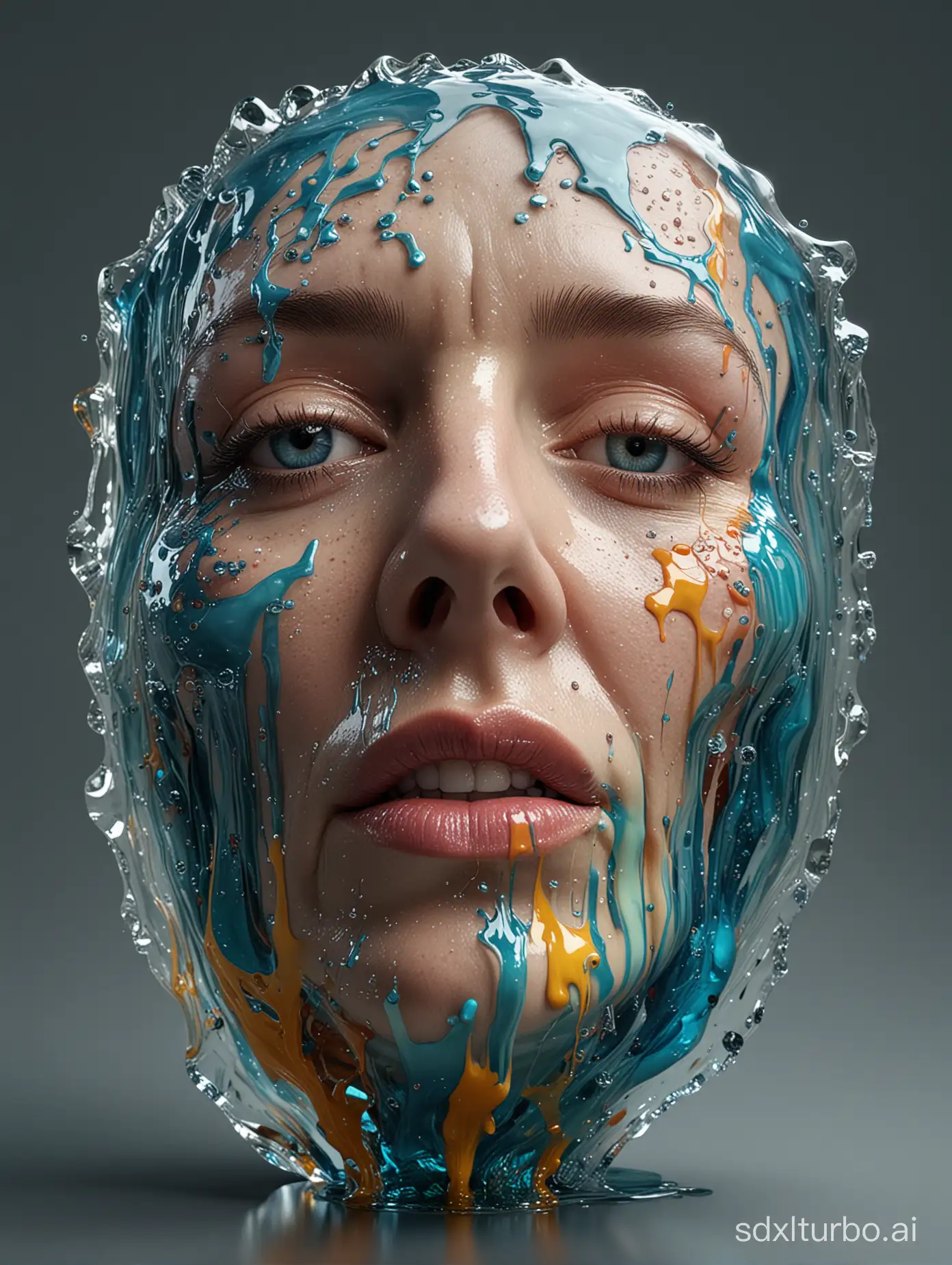 Melted glass face, photo, photorealistic, hyper-detailed, reflections, melted colors