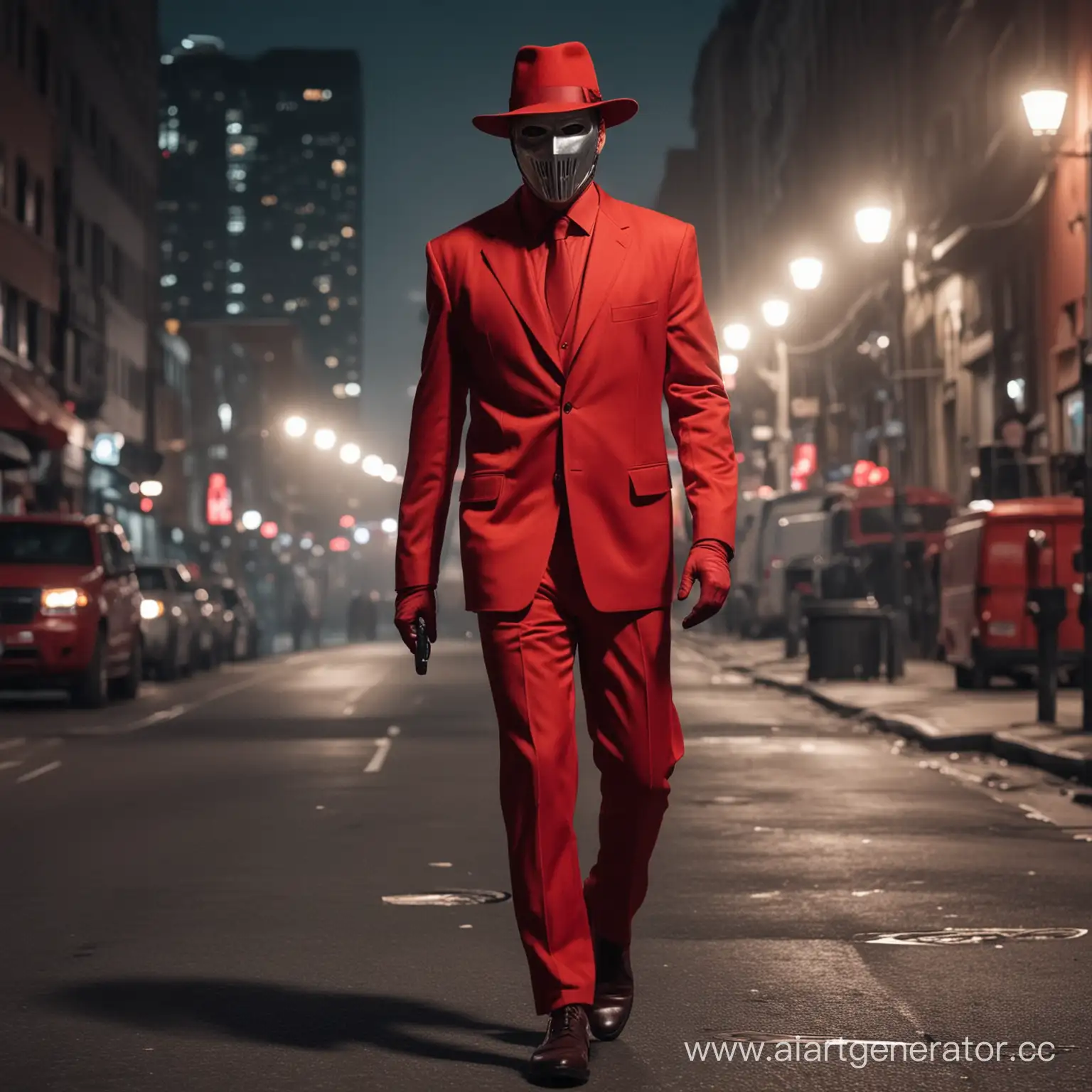 Мужчина в полностью красном деловом костюме, металлической маской на лице, со шляпой с полями, идёт по улице ночного города