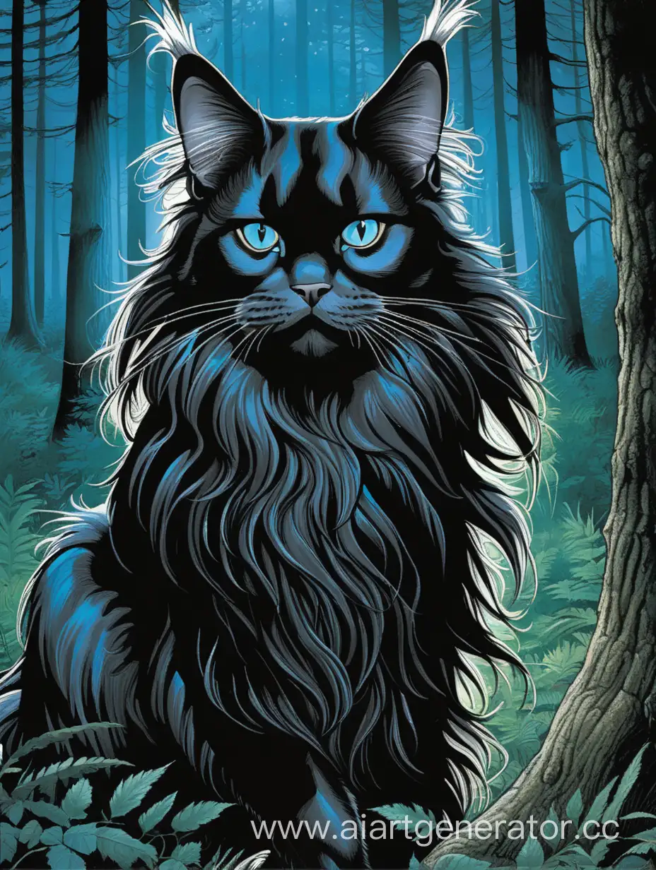 Mystical-Encounter-Black-Maine-Coon-Cat-in-Enchanted-Forest-Comic-Art