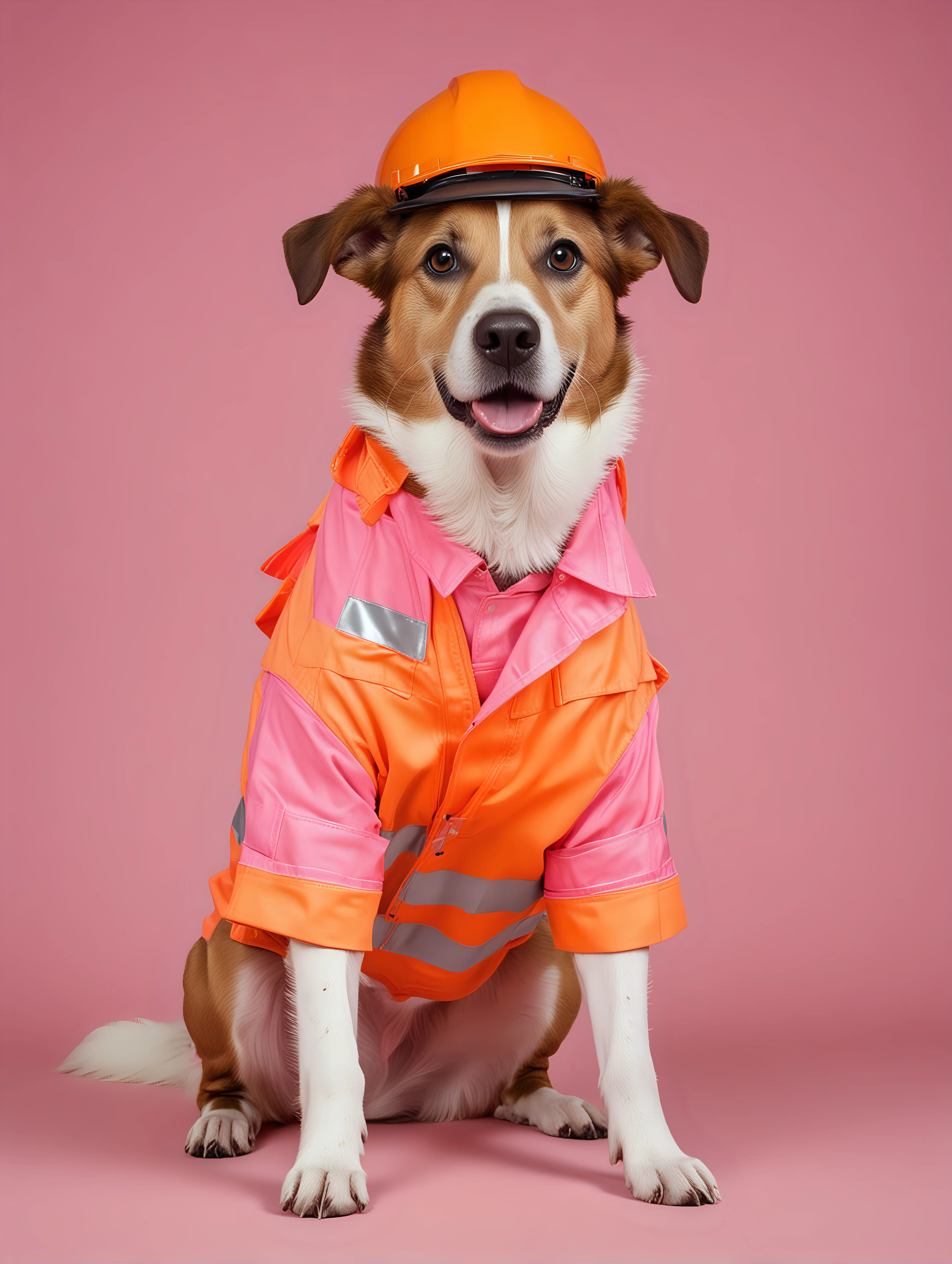 poster of photograph of dog dressed in a full orange builders outfit with a pink background